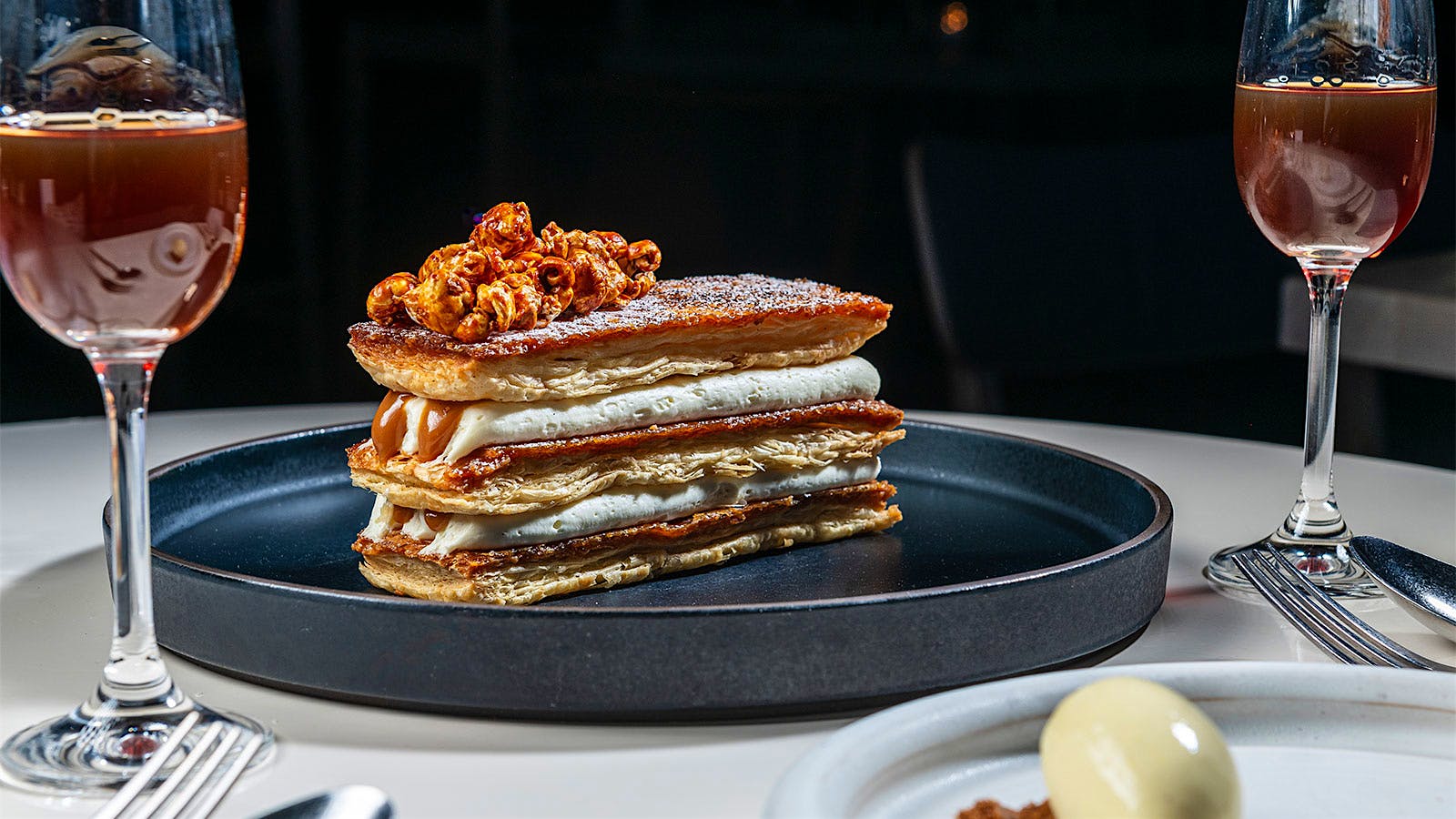  Mille-feuille with two glasses of dessert wine from Bresca in Washington, D.C.