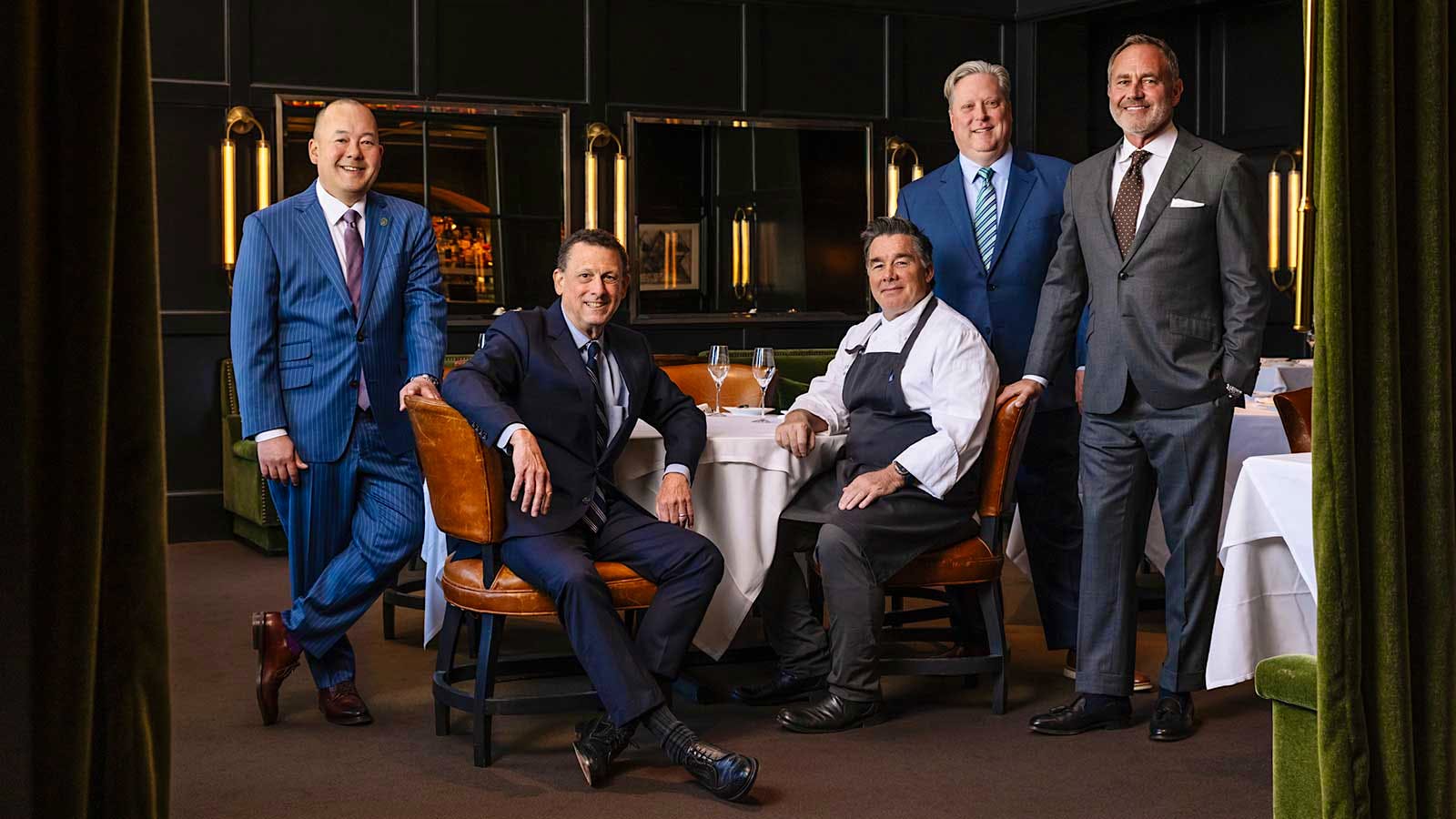 Portrait of Selby's team, from left: wine director Jaime Pinedo, president of casual fine dining Brannin Beal, executive chef Mark Sullivan, president of fine dining Andrew Green and BMG president Tim Stannard