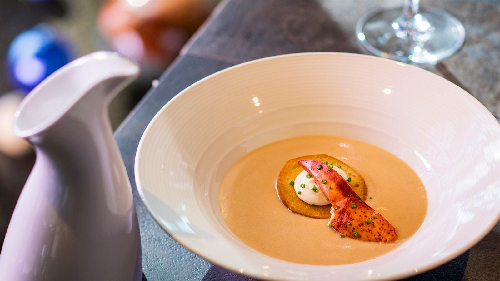  Lobster bisque with a glass of white wine from Eddie V&rsquo;s Prime Seafood