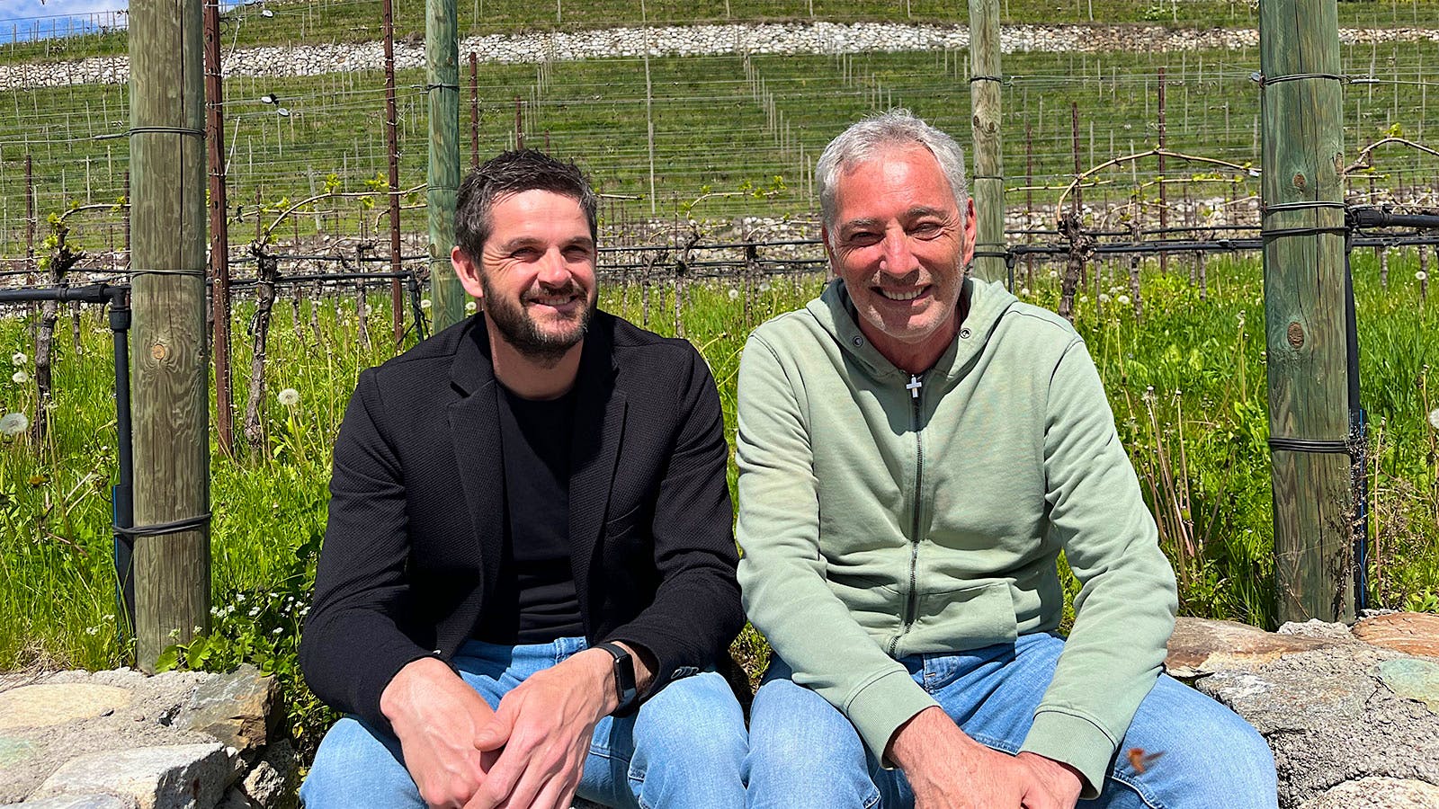  Marketing director Werner Waldboth (left) with winemaker Celestino Lucin at the base of Abbazia di Novacella's old Sylvaner vineyard used for its single-vineyard Stiftsgarten bottling