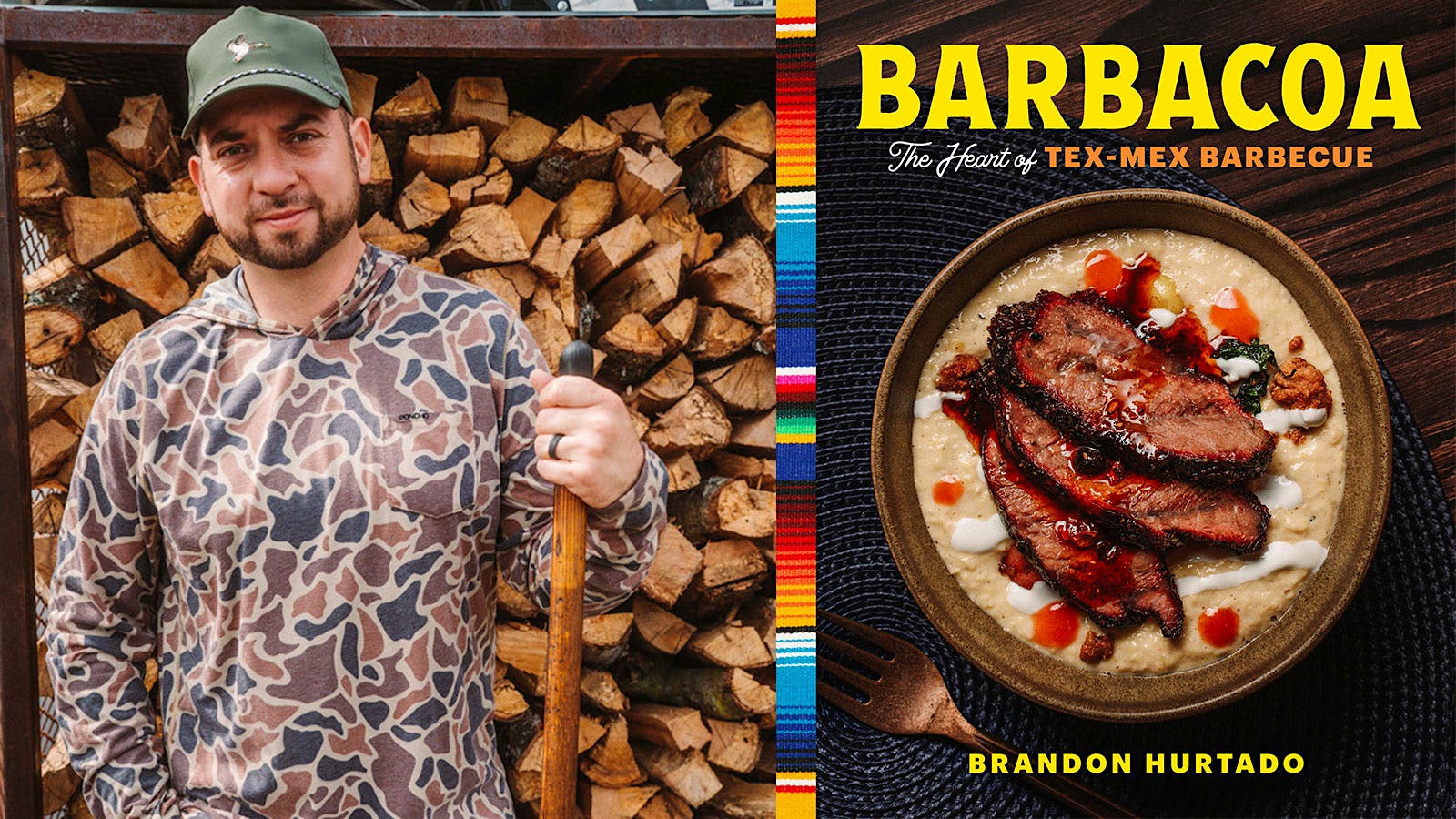 On the left, Brandon Hurtado, at one of his Hurtado Barbacue locations in Northern Texas, on the right, the cover of Barbacoa, a cookbook by Brandon Hurtado, published by Harvard Common Press, copyright 2025.
