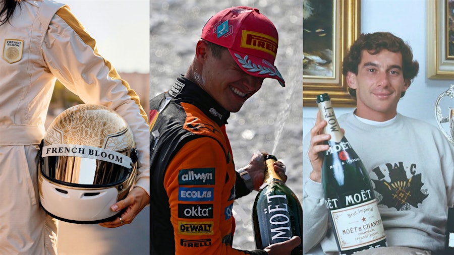 Sparkling wine and Formula 1 have a long and celebratory history that includes 2025 Miami Grand Prix winner Oscar Piastri (center) and late legend Ayrton Senna (right).NA Bubbly French Bloom Joins Official Champagne Moët & Chandon in the Formula 1 Wine Paddock