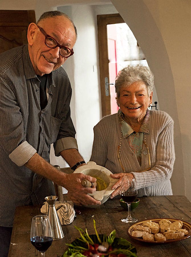  Kermit Lynch making aioli with Domaine Tempier's late matriarch Lulu Peyraud