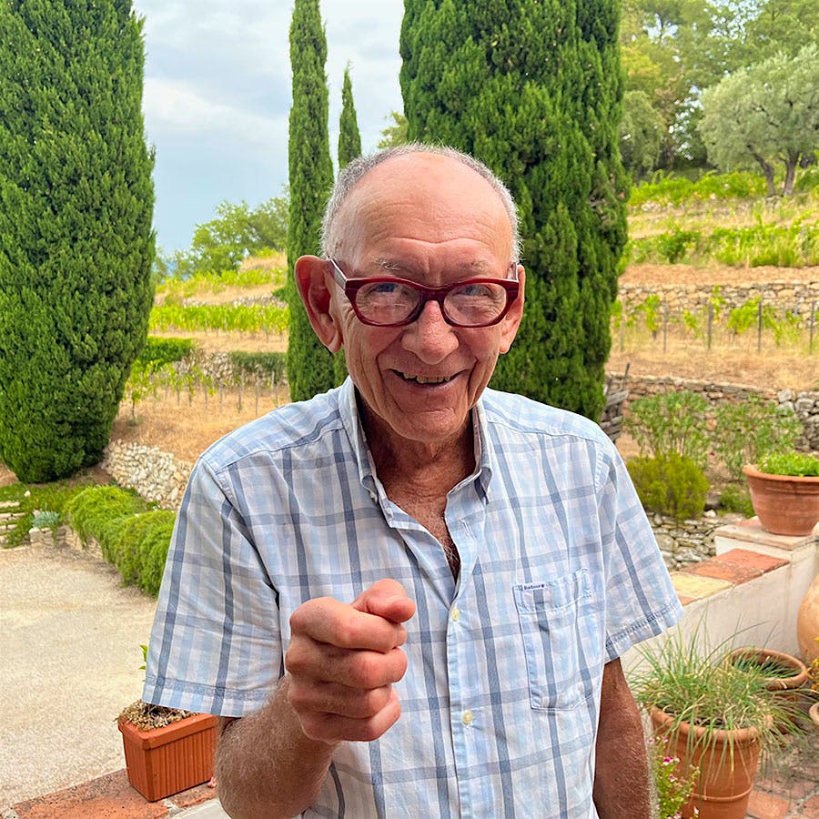 In 1983, Kermit Lynch (second from left) met with artisan Northern Rhône winemakers Raymond Trollat, Gérard Chave and Ernest Trollat.