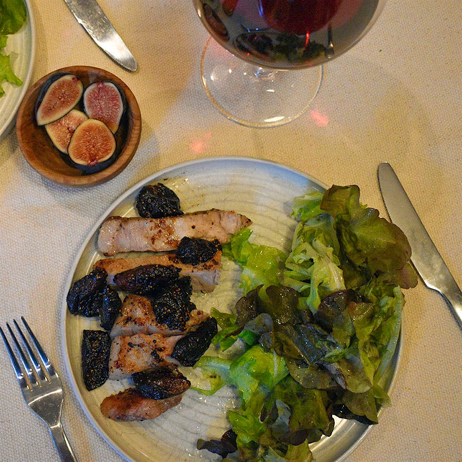 Mustard and apple cider vinegar lift the flavor of these roasted figs and pork chops.