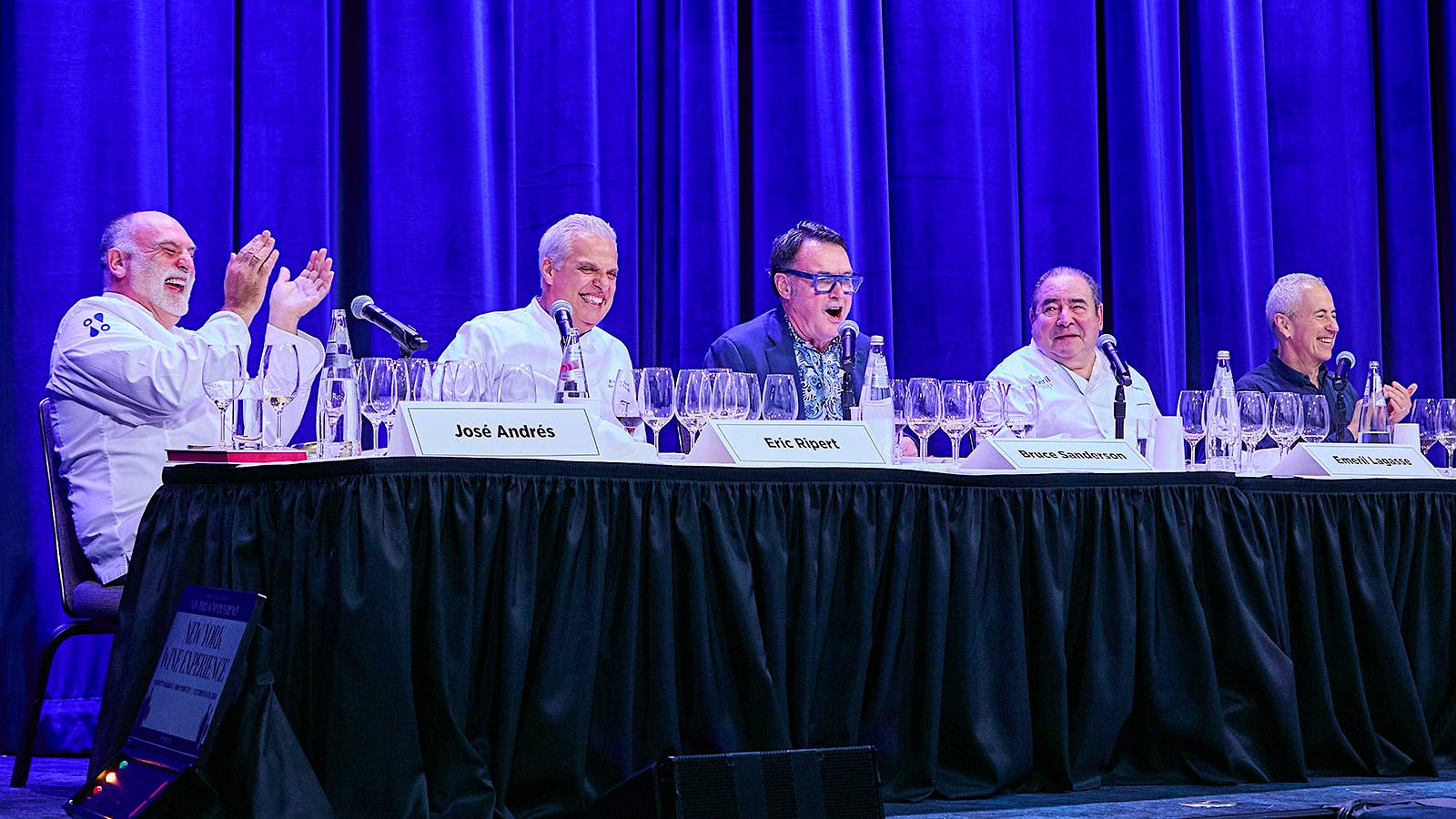From left: Jos&eacute; Andr&eacute;s, Eric Ripert, Danny Meyer and Emeril Lagasse on stage, laughing