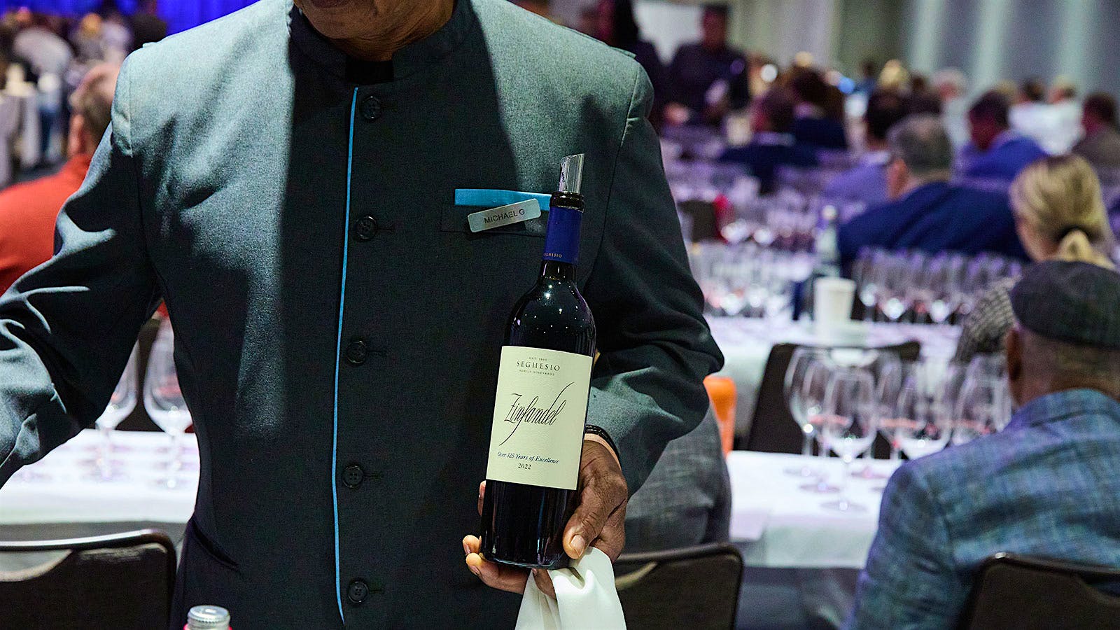 A bottle of Seghesio Sonoma County 2022 presented at the 2025 New York Wine Experience.