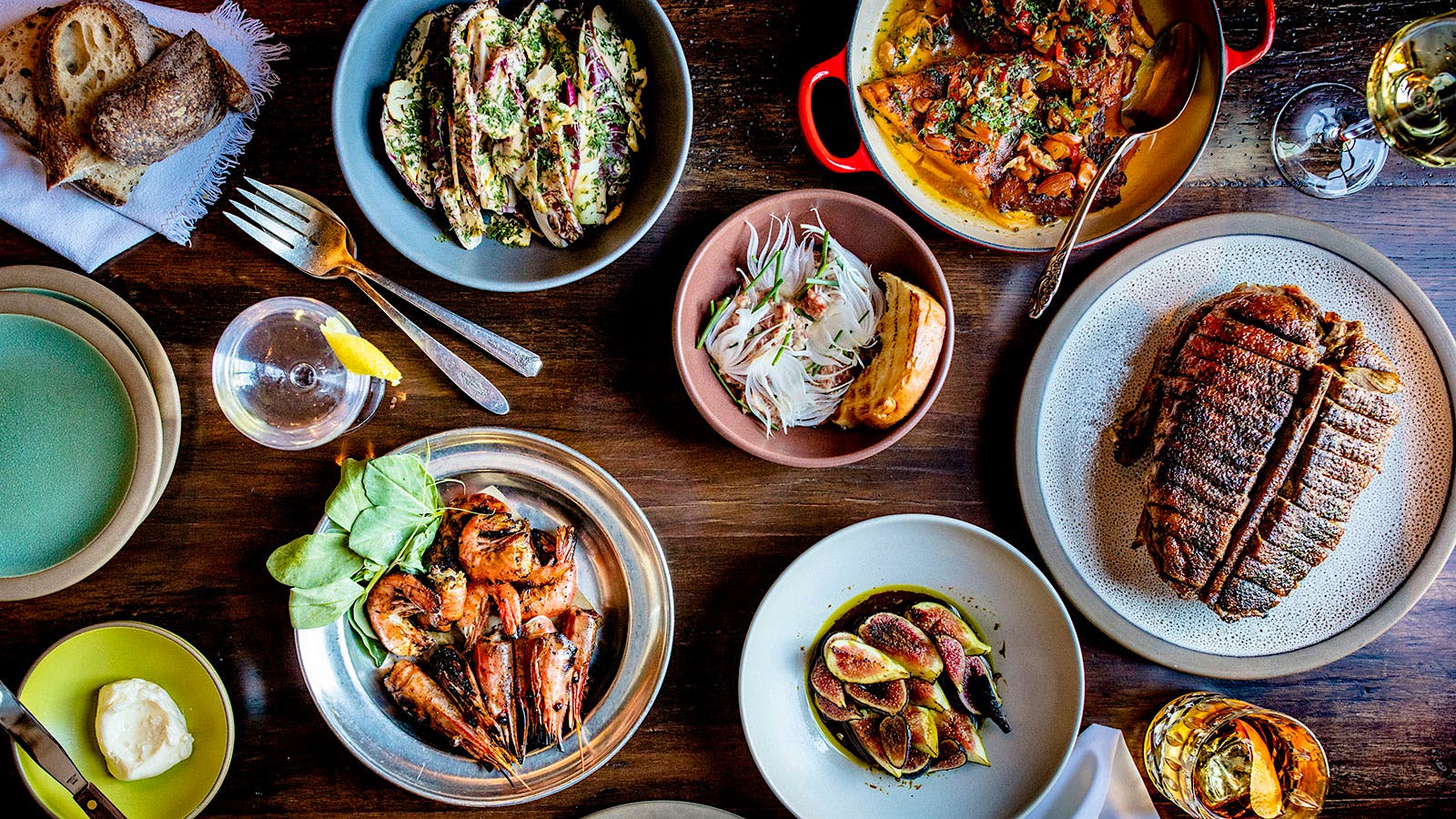 An assortment of dishes and glasses of wine at the Charter Oak in Napa Valley