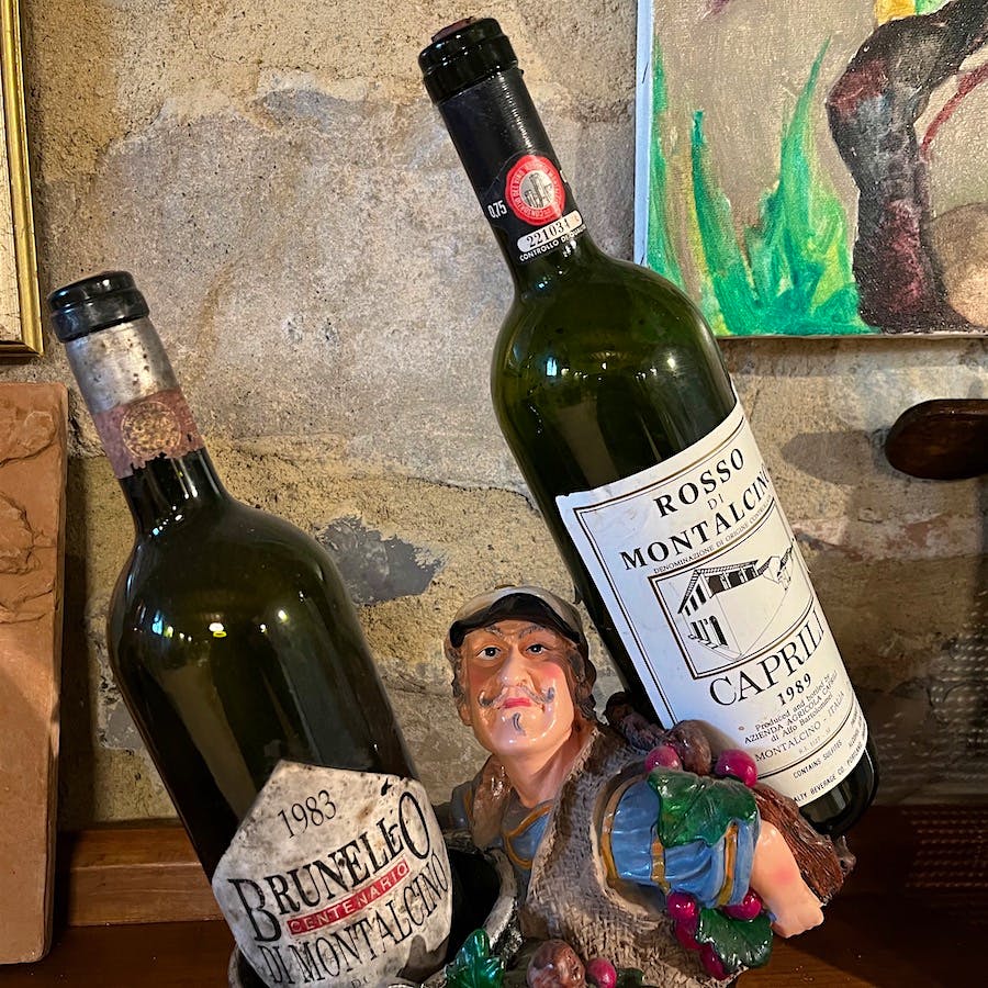  In Caprili's tasting room, a bottle of 1983 Brunello and 1989 Rosso di Montalcino are on display