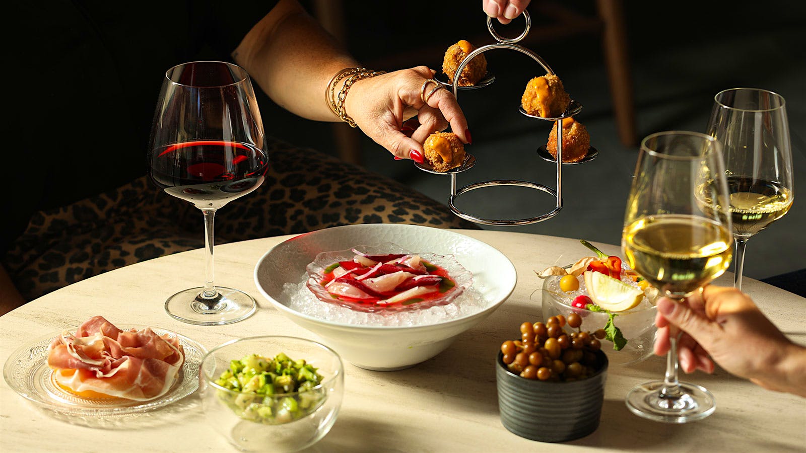  Dishes and glasses of wine from Andy's Beeline