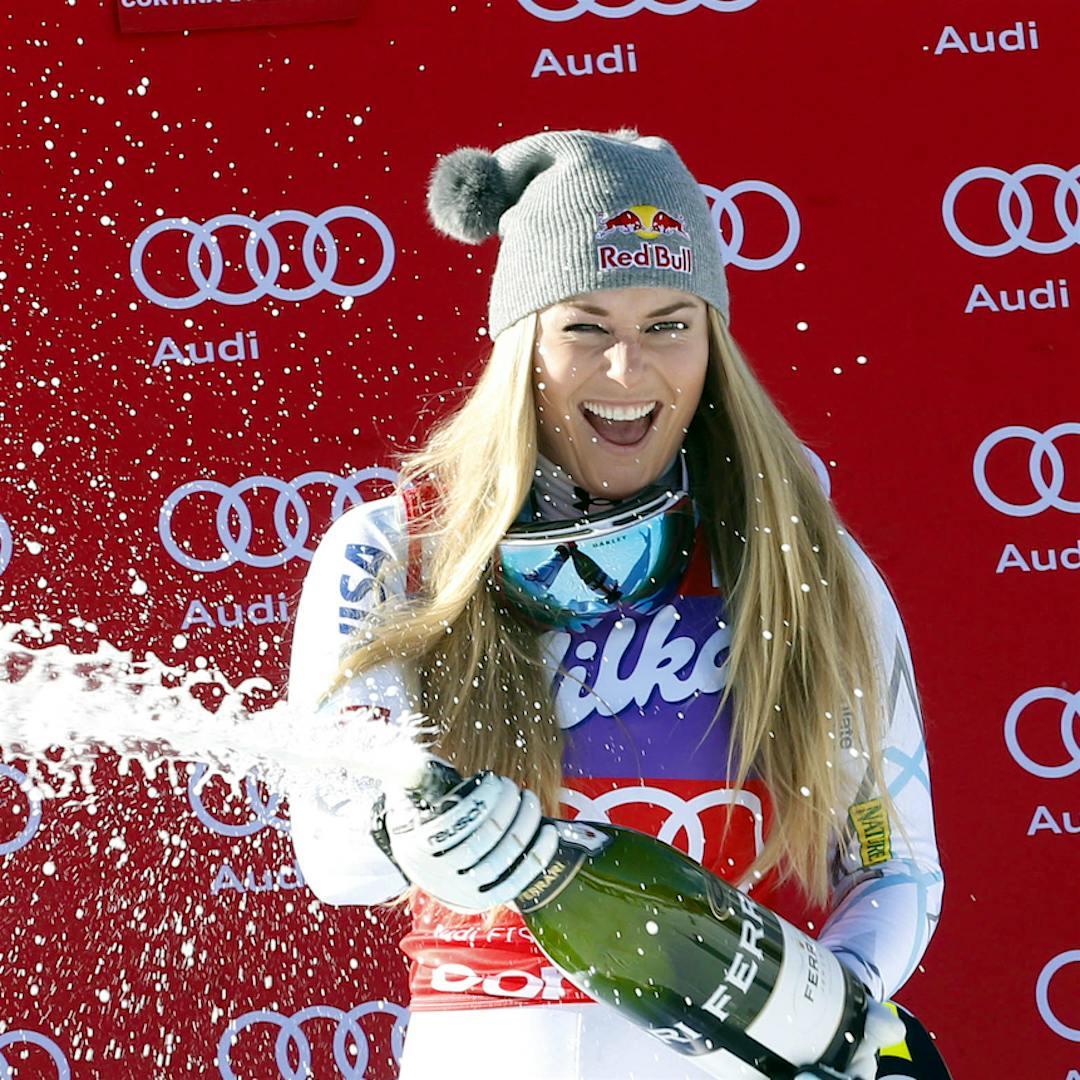 Lindsey Vonn (left) and Mikaela Shifrin celebrate Alpine Skiing World Cup victories with large-format sparkling wines.
