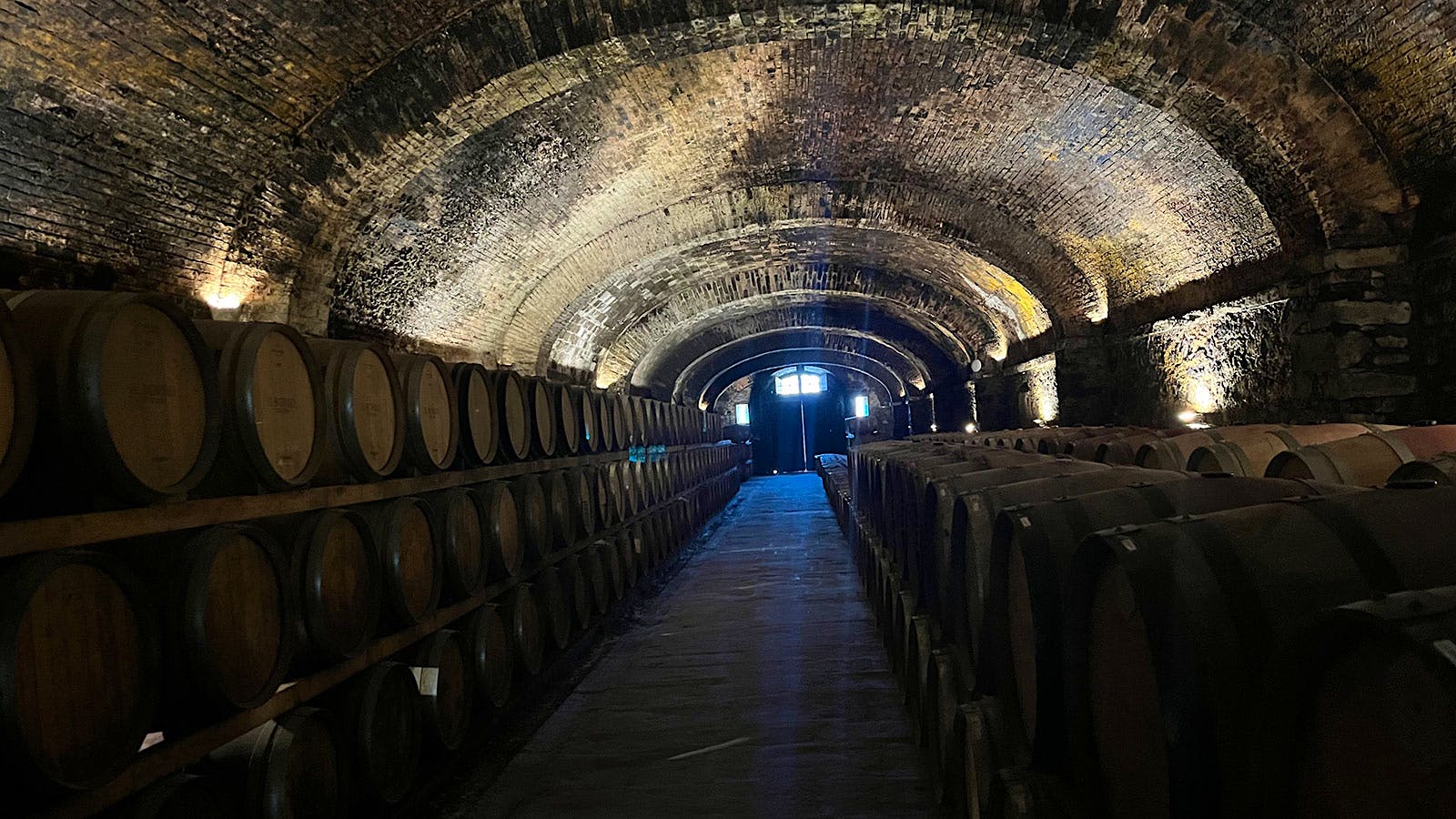 Barrels of maturing wine stacked along the walls of the old arched, stone-walled stables