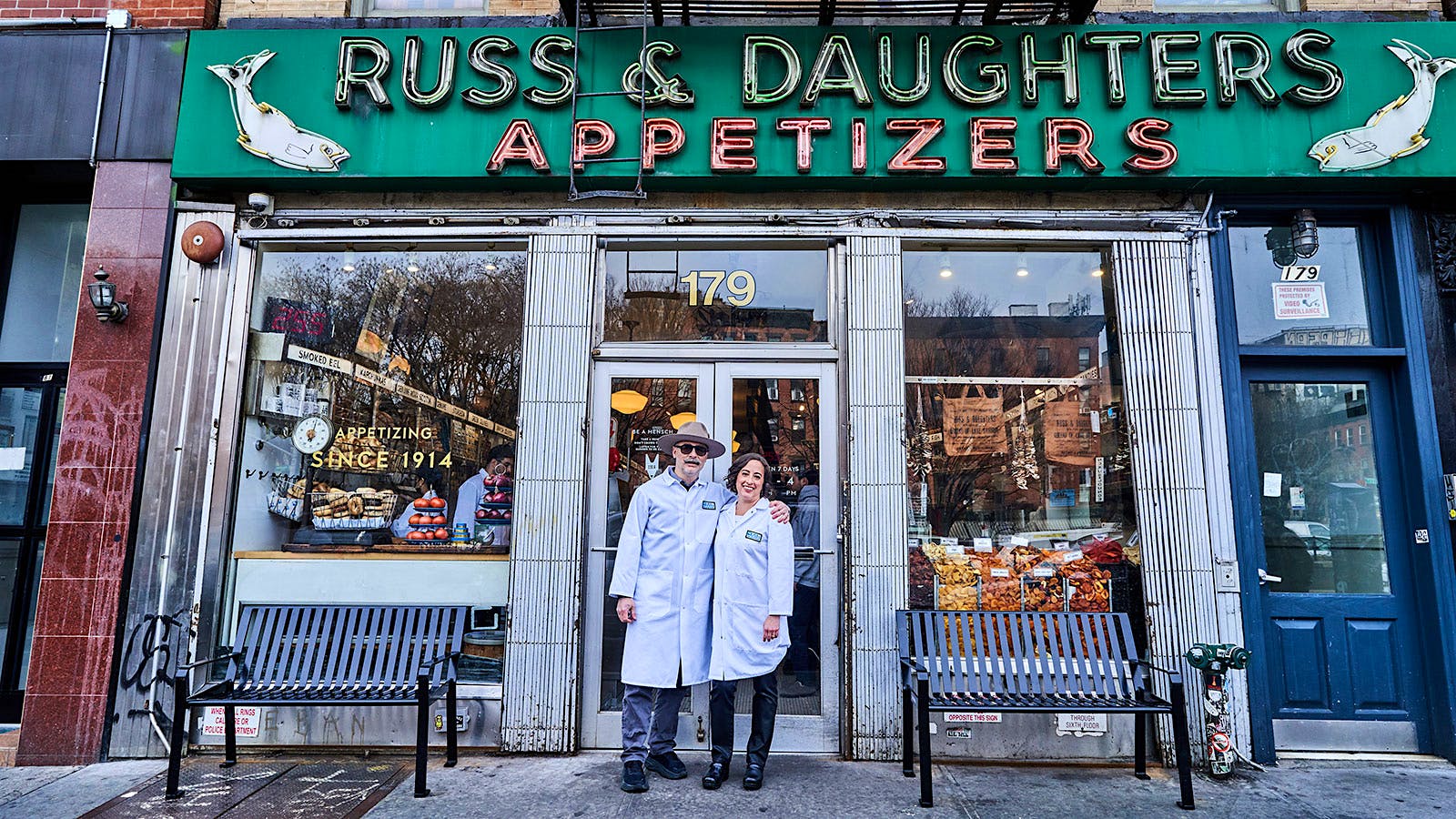 Josh Russ Tupper and Niki Russ Federman outside Russ and Daughters in New York City