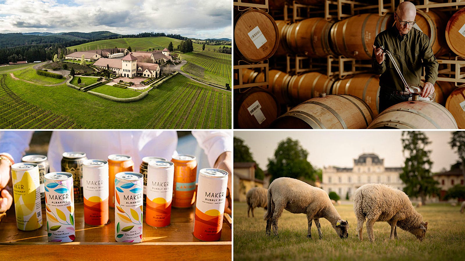 Clockwise from top left: Oregon wineries such as King Estate were featured in our Tasting Highlights; Seghesio’s Andy Robinson made an outstanding value wine; Château Giscours was named Wine of the Year; and canned wines continued to grow in popularity.