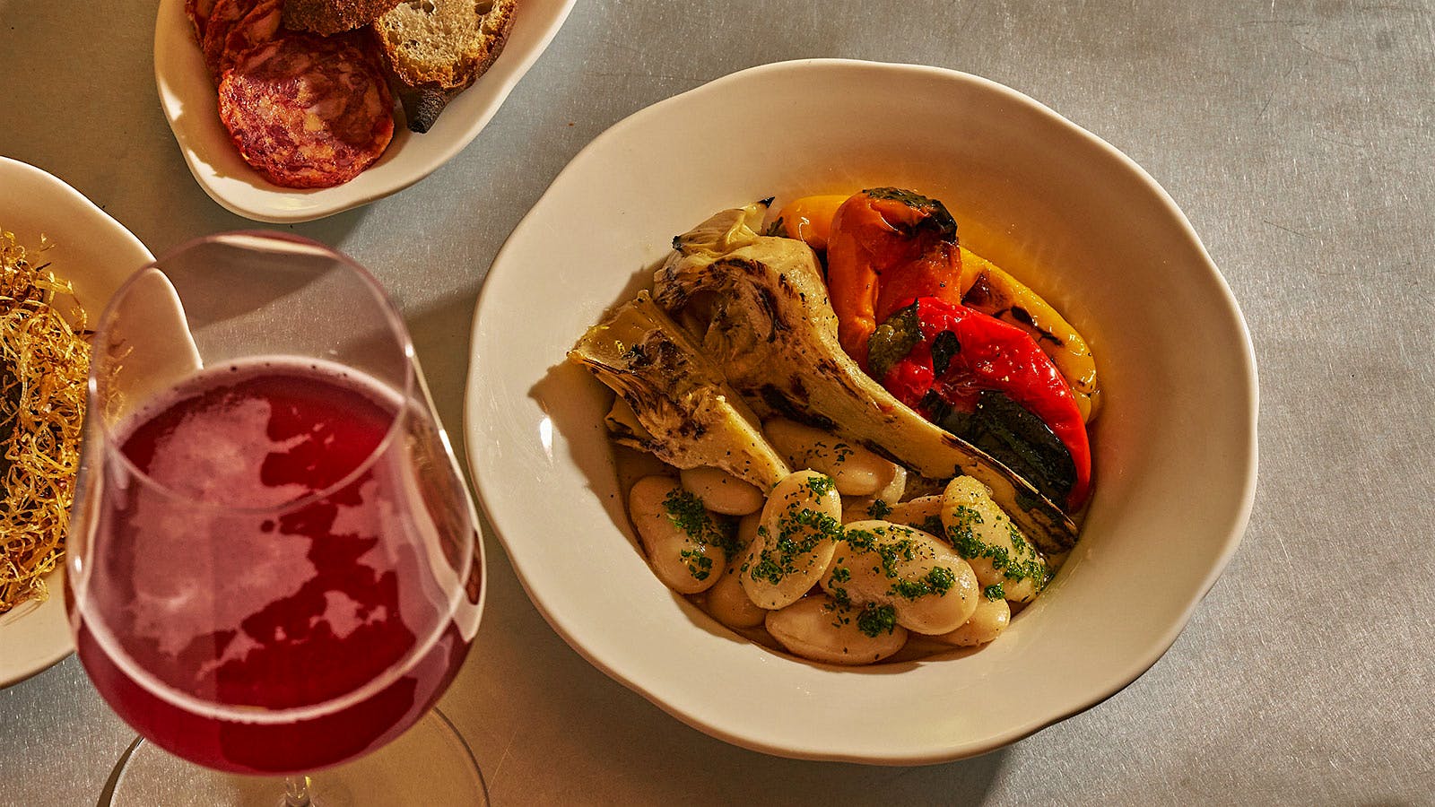  Chorizo,&nbsp;marinated vegetables and a glass of wine from Stars