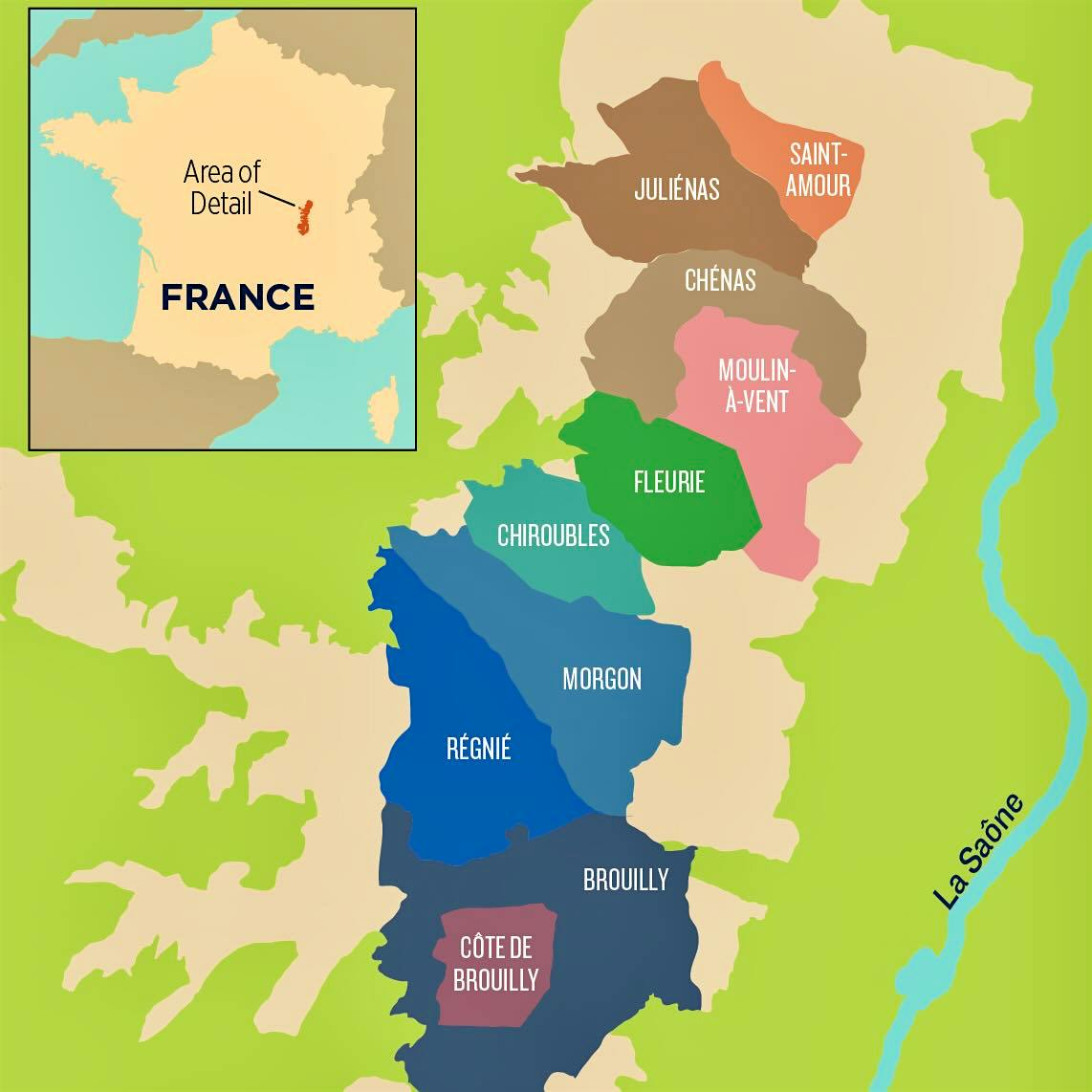  Illustrated map of the 10 Beaujolais <em>crus</em> 