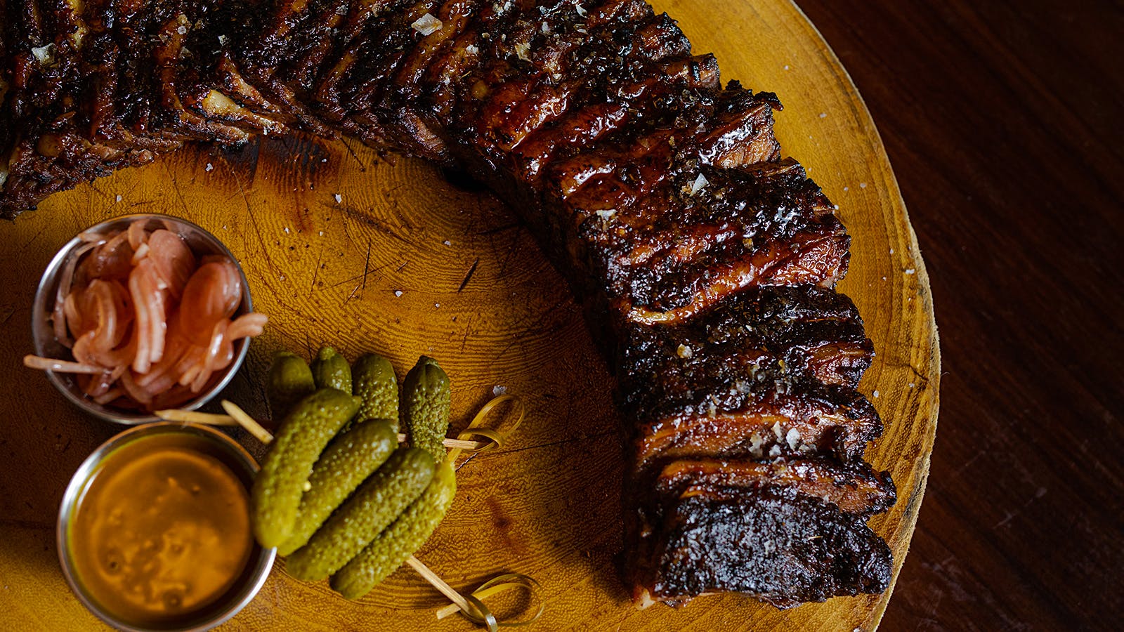  Short ribs with Carolina gold barbecue sauce.