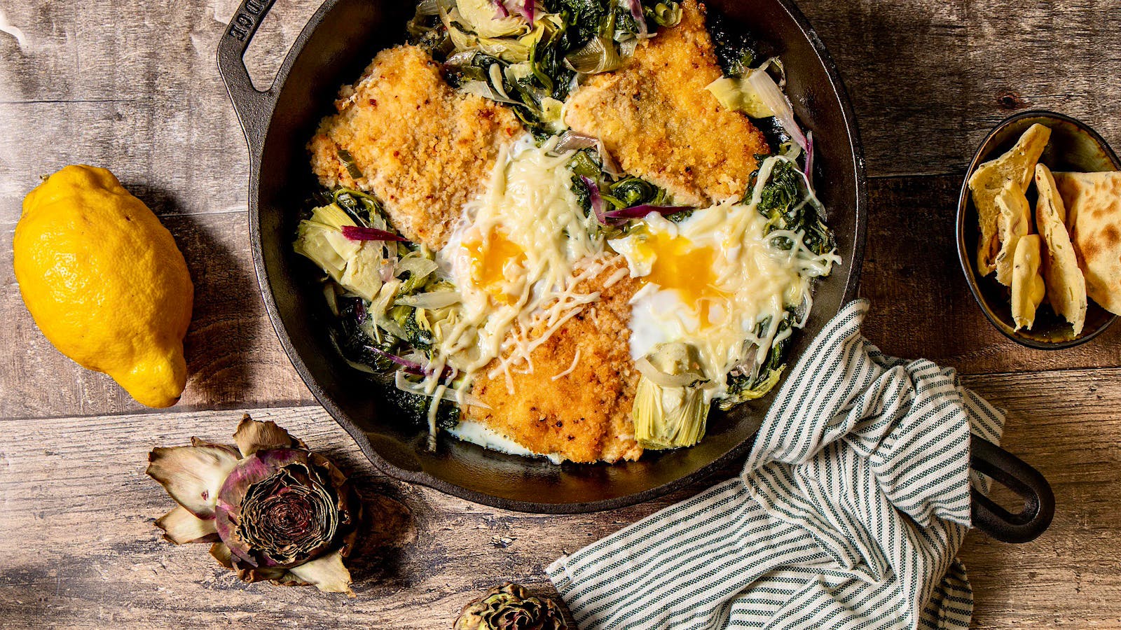 Matzah-crusted skillet salmon with artichokes.