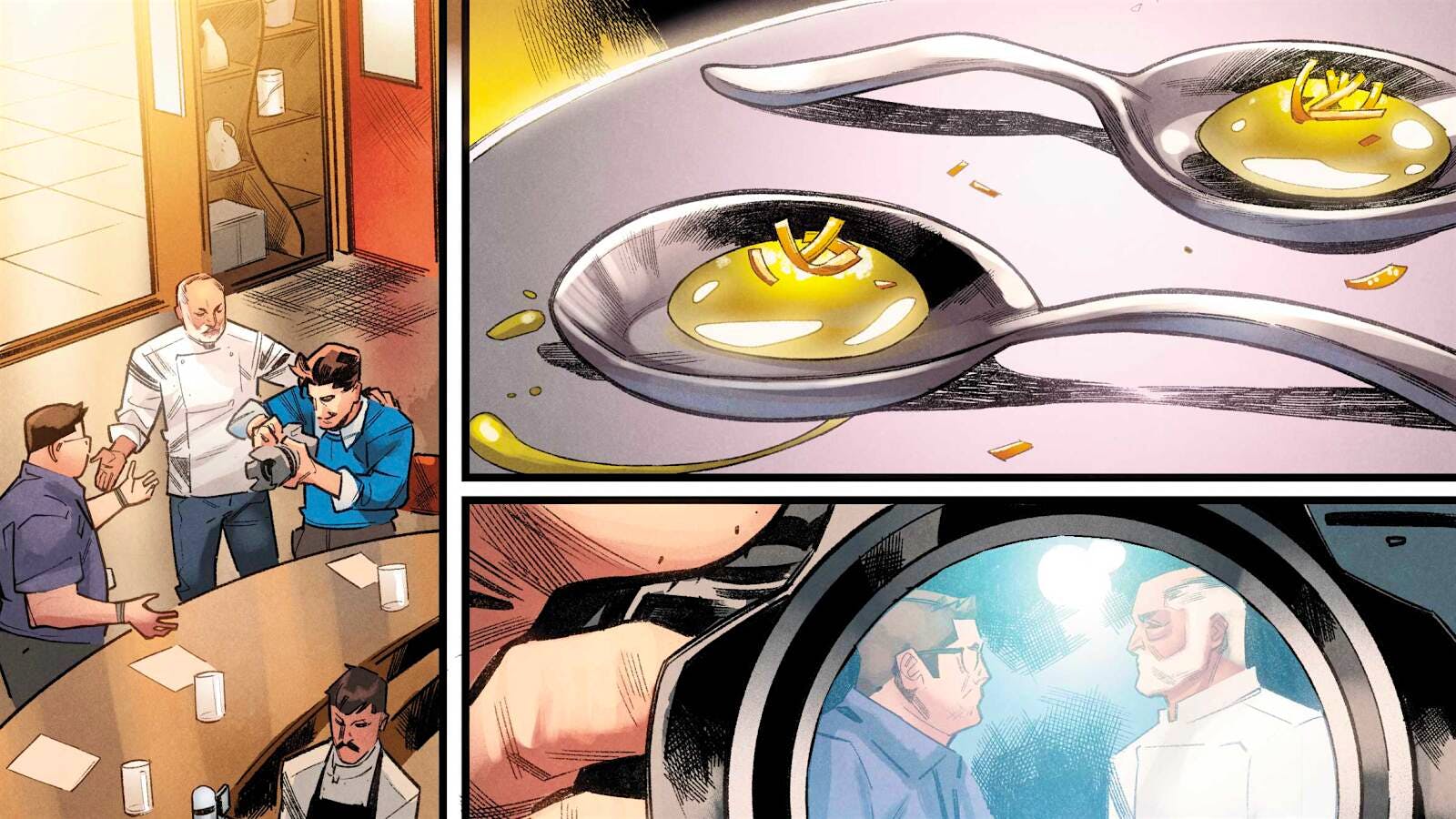  Panel from Meals to Astonish comic book featuring chef Jos&eacute; Andr&eacute;s and liquid olives on spoons.] 