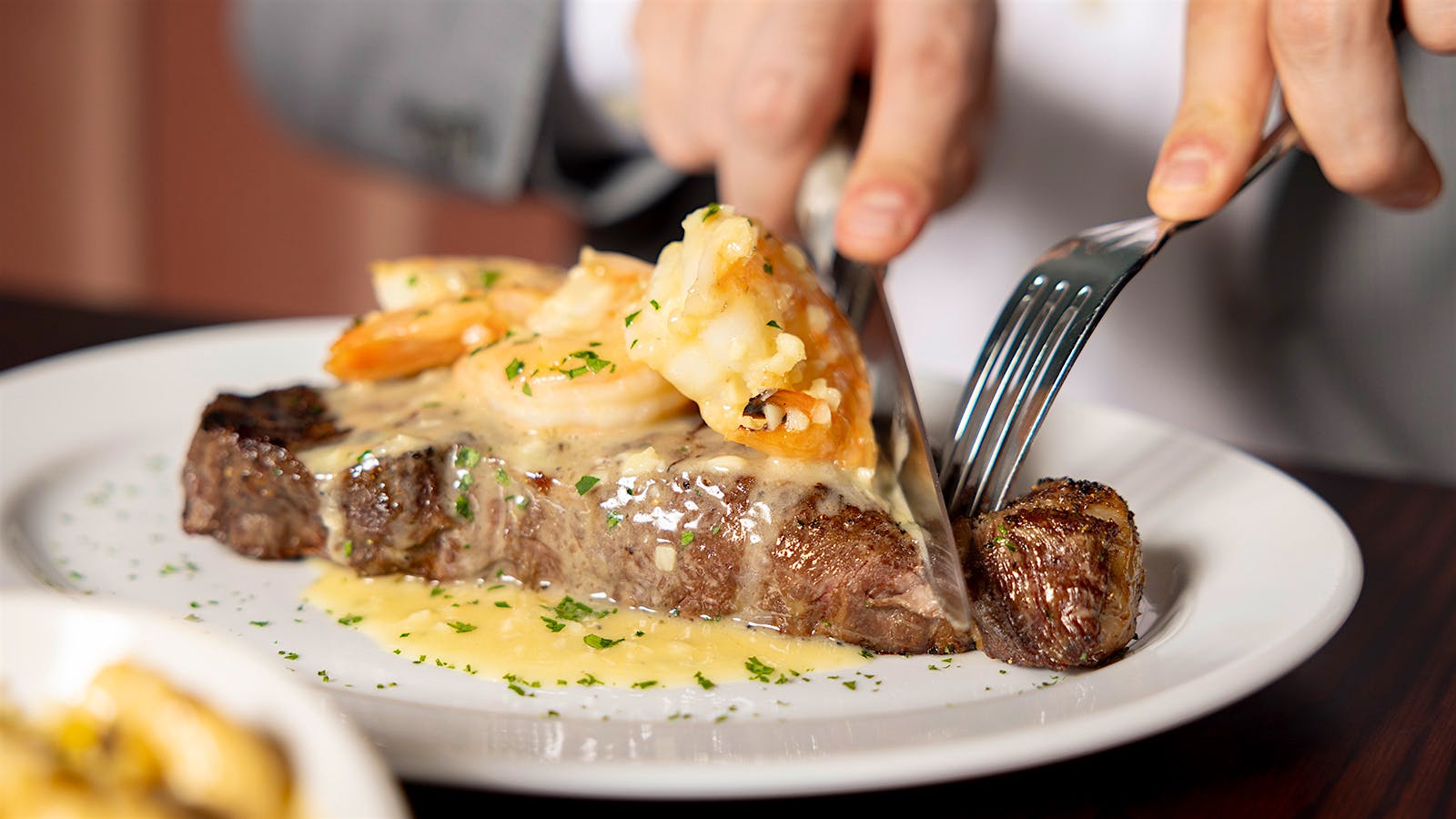 Steak with shrimp scampi.