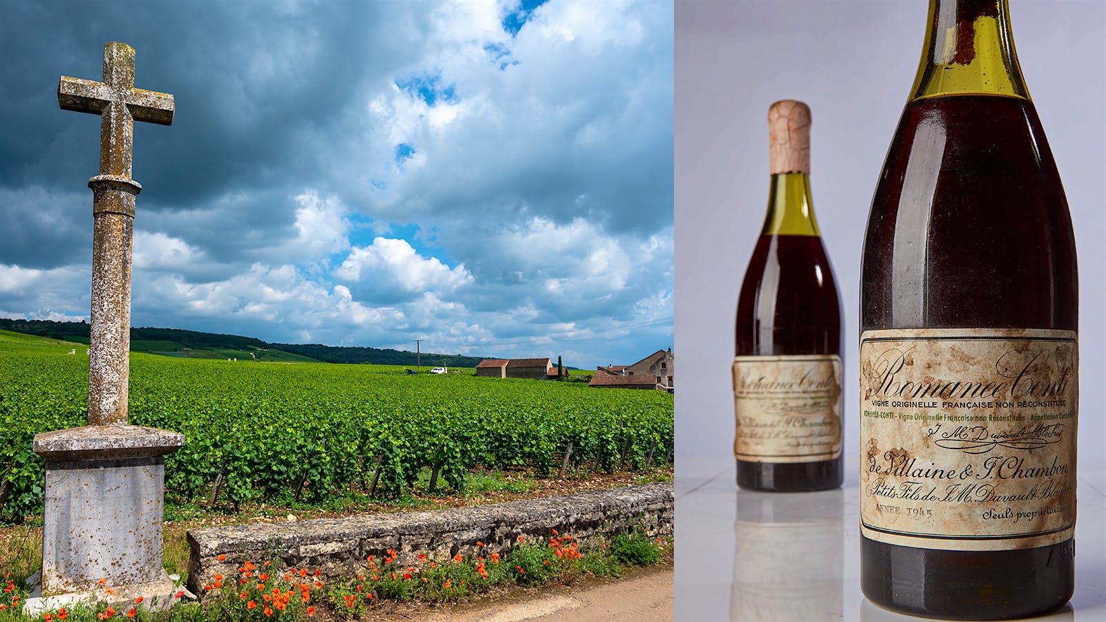  Roman&eacute;e-Conti Pinot Noir vineyard in Burgundy, with bottles of the 1945 vintage.