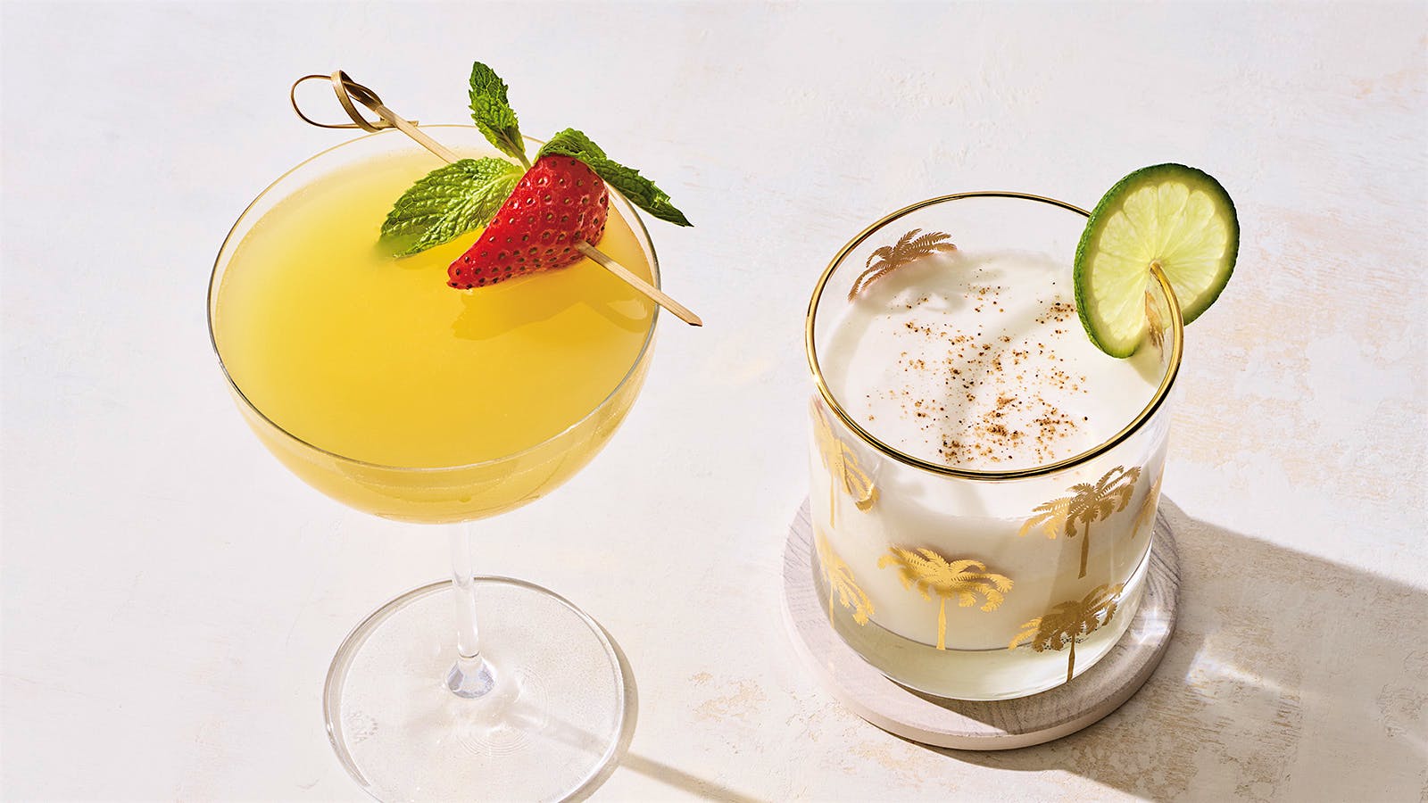 Two cocktails side by side: Fragole Disaronno (left) and&nbsp;Coco Blanco.