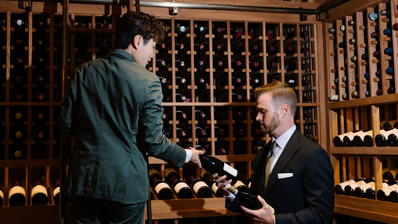 Head sommelier Alfie Wang (left) and wine director Rob Smit in the cellar of Caruso's.