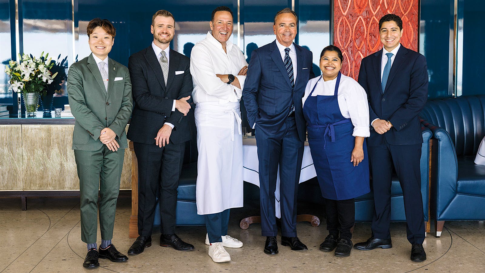 Caruso’s head sommelier Alfie Wang, wine director Rob Smits, chef/partner Massimo Falsini, owners Rick Caruso, senior chef de cuisine Shibani Mone, and general manager Ali Benmoussa