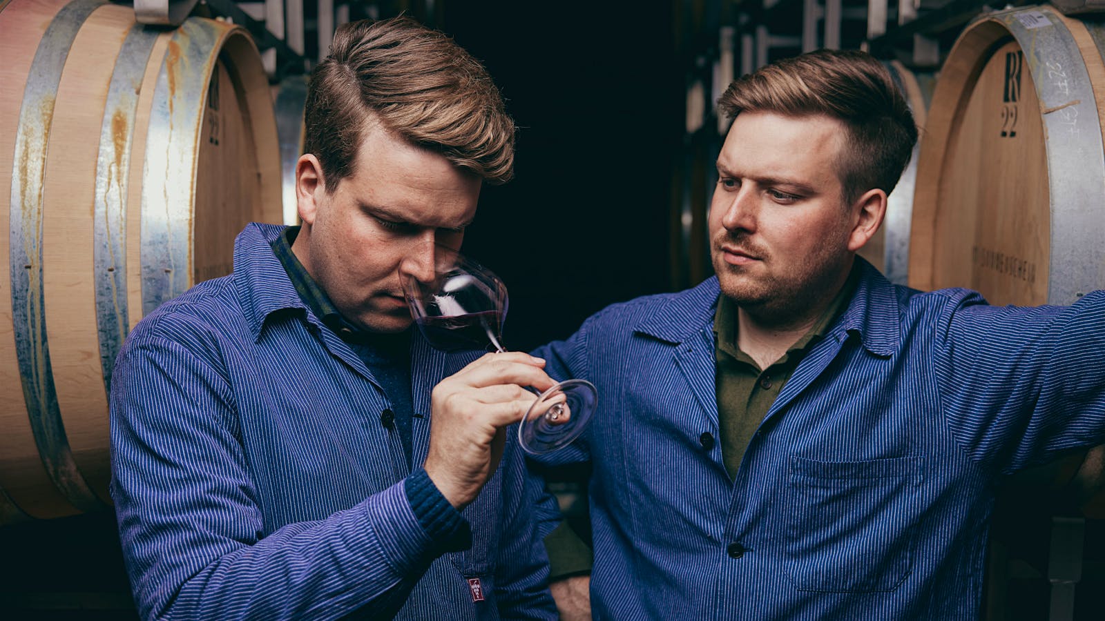  Hans and Valentin Rebholz of Ökonomierat Rebholz tasting wine in the cellar at their family estate in Siebeldingen, Pfalz, Germany.