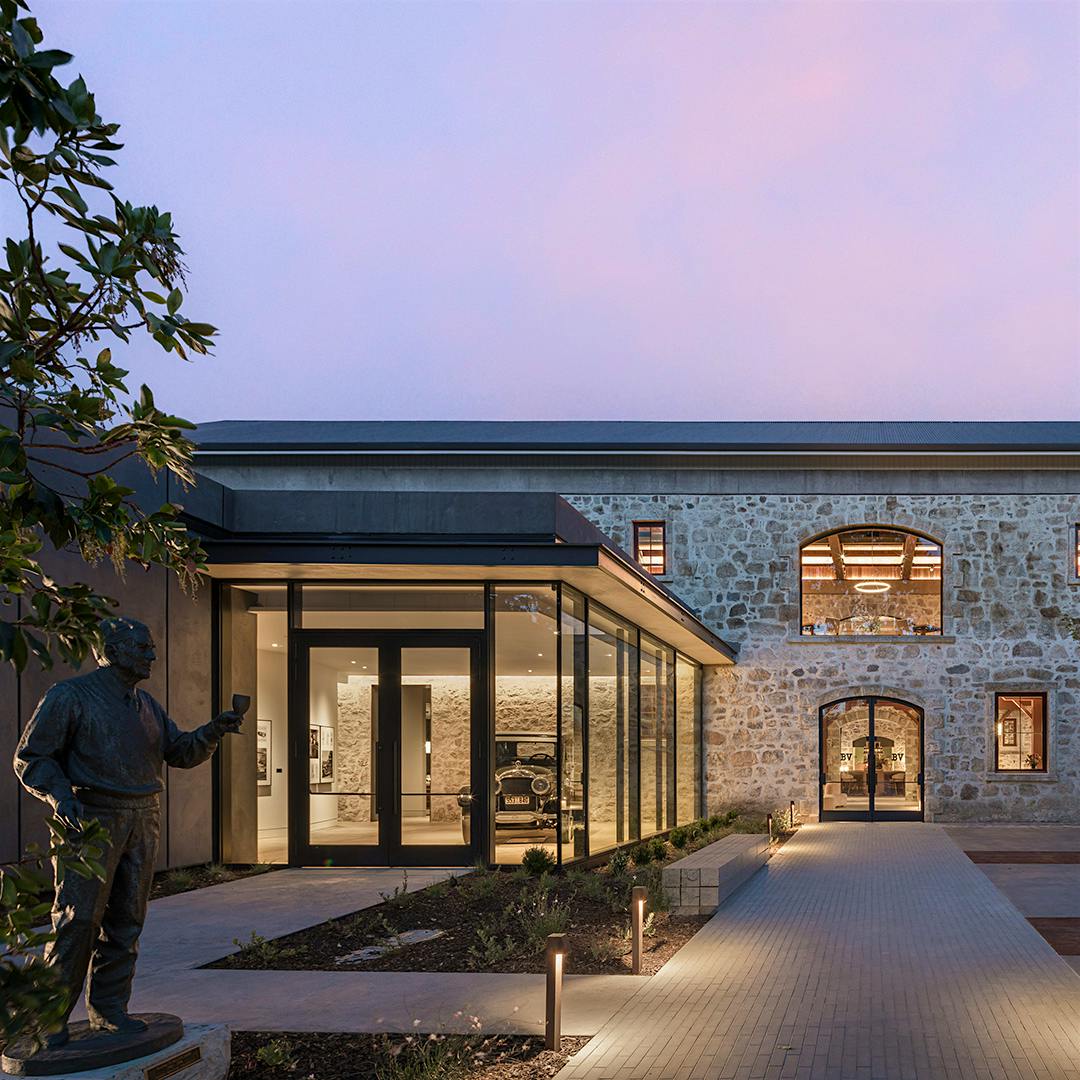 The new Beaulieu Vineyard entry courtyard features a statue of André Tchelistcheff, BV’s legendary winemaker.