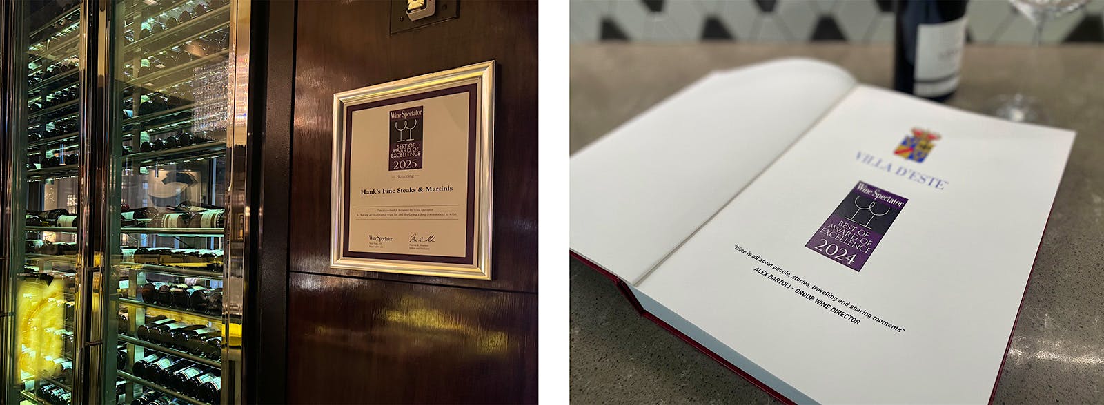  A composite image of a Restaurant Awards certificate at Hank's Fine Steaks and Martinis in Nevada and the logo on the wine list of Veranda at Villa d'Este in Italy