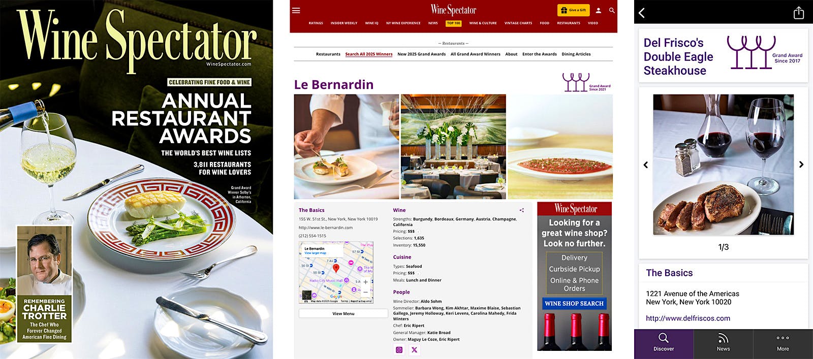  A composite image of Wine Spectator magazine's Restaurant Awards issue, the Restaurant Search on WineSpectator.com and the Restaurant Awards app