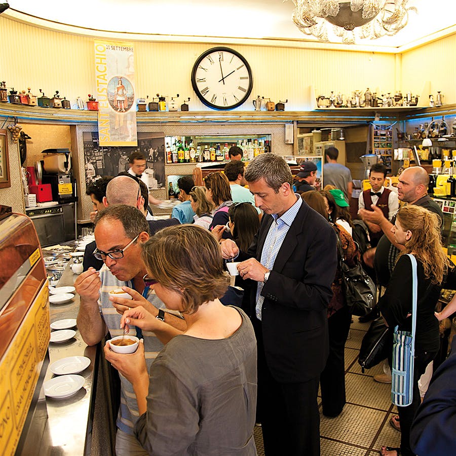 Locals and tourists alike mingle over coffee at Caffè Sant’ Eustachio in Rome.