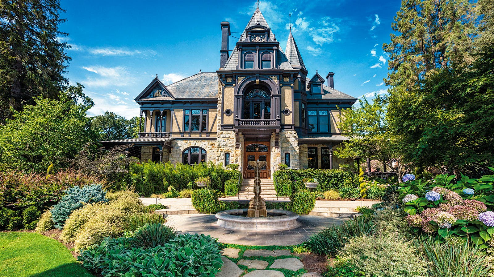 Landscape view of Beringer Vineyards' Rhine House in Napa Valley, California