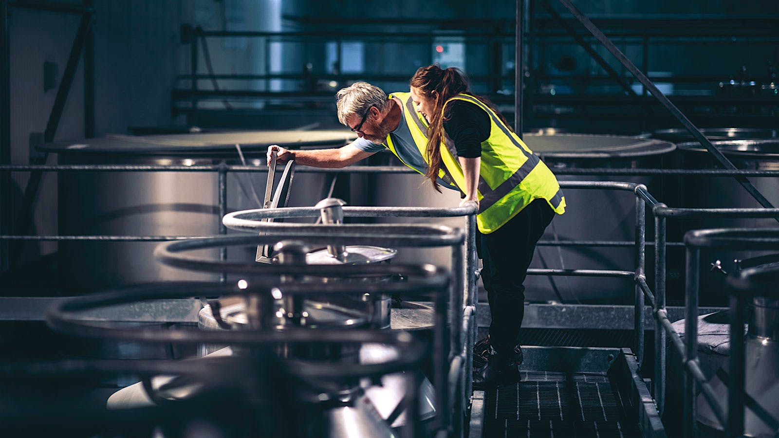 Simon and Arabella Waghorn peering into stainless steel wine vats