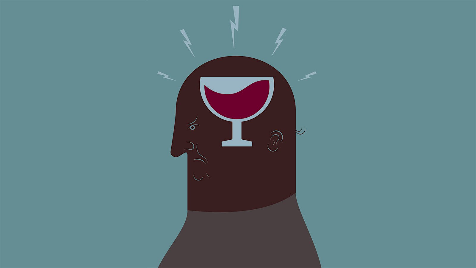 An illustration of a person with a glass of red wine overlaid on their side-face silhouette.