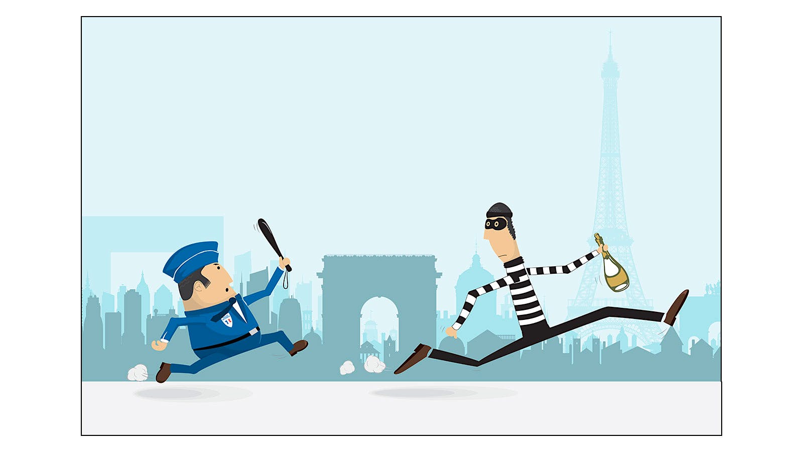 An illustration of a policeman chasing a robber with a bottle of Champagne in hand