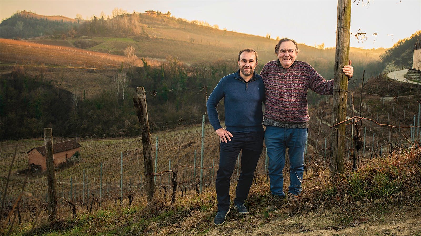 Luca Roagna (left) and his father, Alfredo Roagna (right), in their vineyards in Castiglione Falletto in Piedmont, Italy