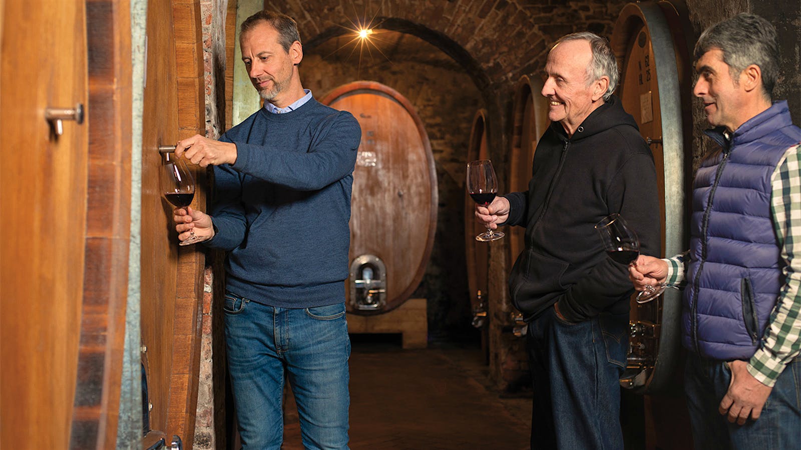 From left to right: Vittore, Gian Battista and Alessandro Alessandria in the cellars of Fratelli Alessandria in Piedmont, Italy.