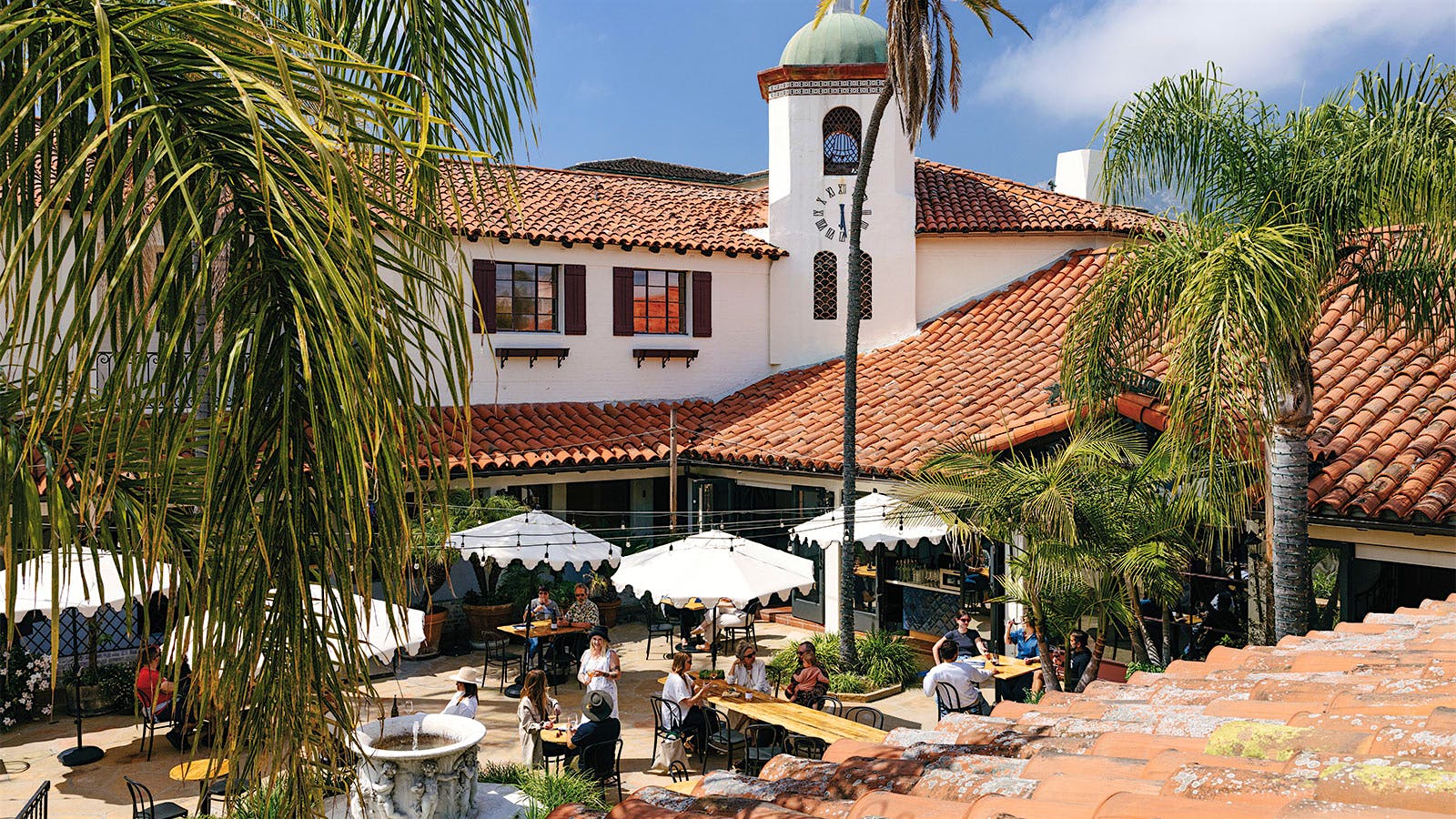 A view from above of the Frequency/DiPalermo tasting patio in Santa Barbara, California