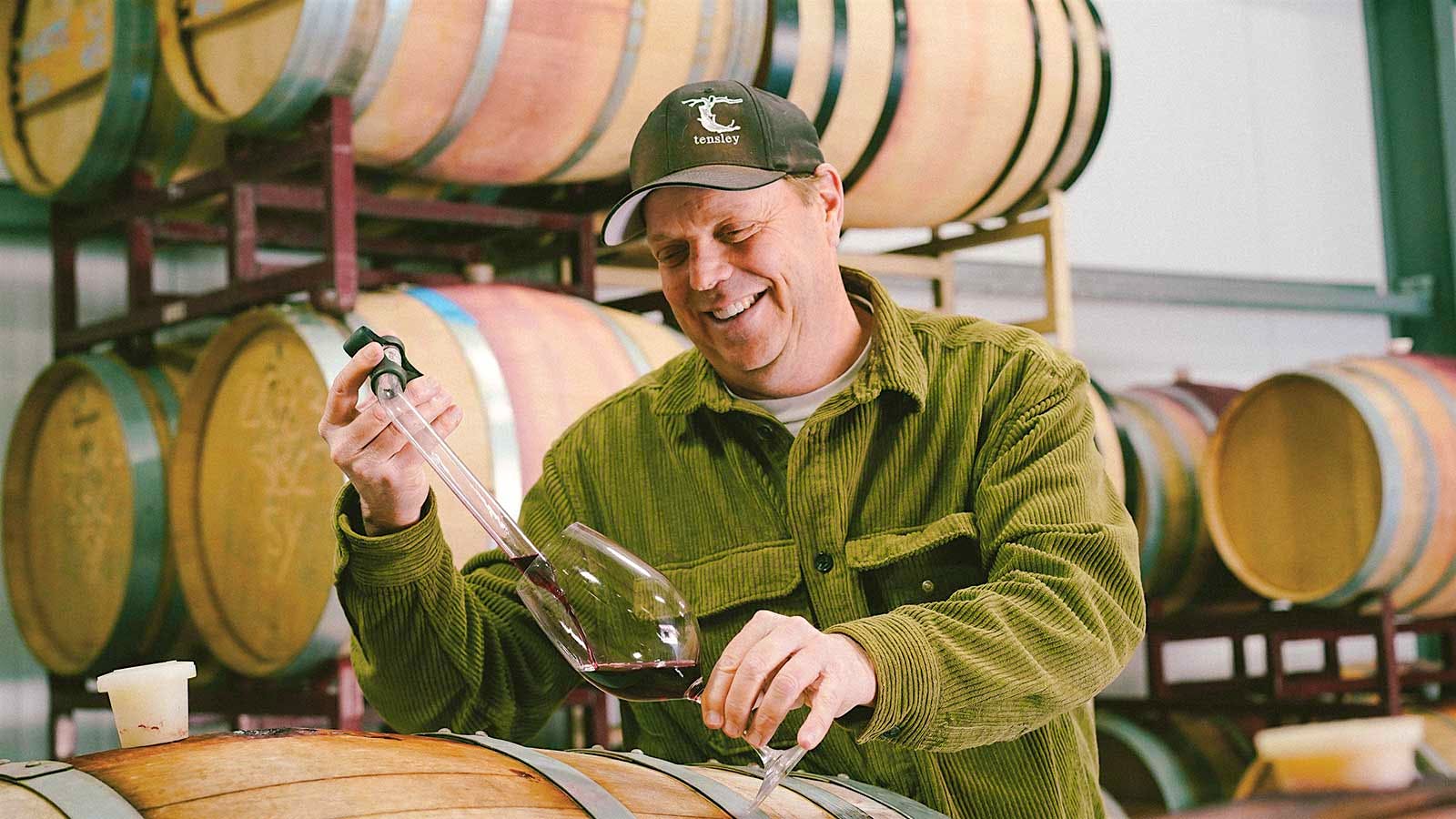 Joey Tensley of Tensley Wines tastes wine from the barrel at his winery in Santa Barbara, California.