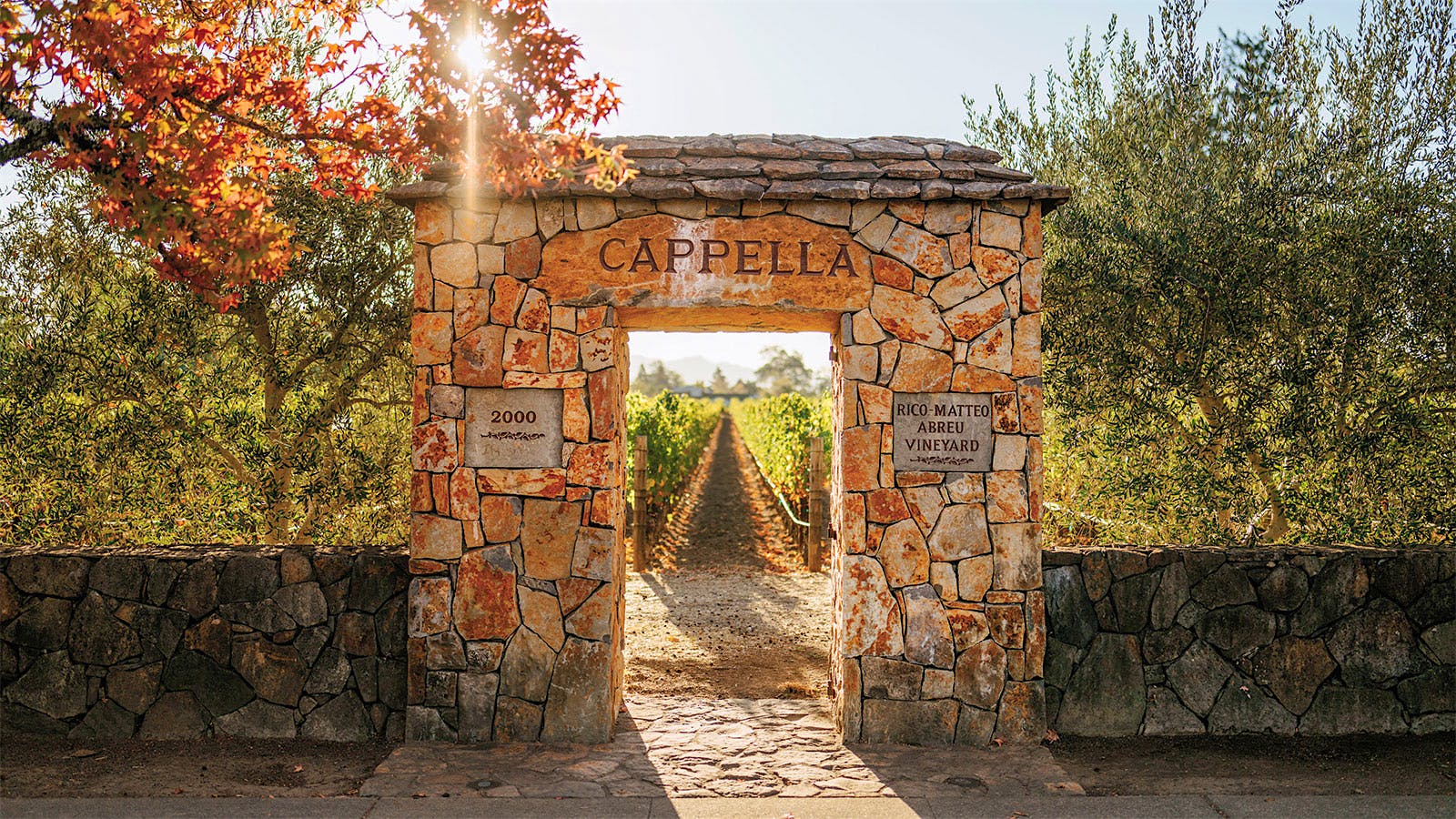 The entry gates to Abreu’s Cappella vineyard in St. Helena, California.