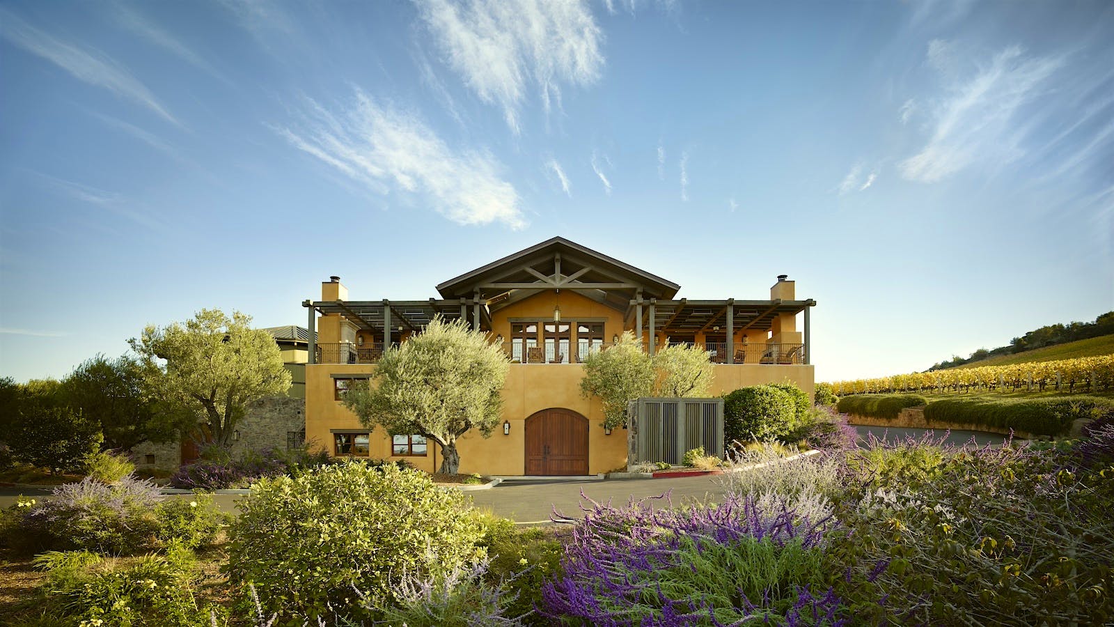 The back terrace of the Colgin estate's main winery building in Napa, California