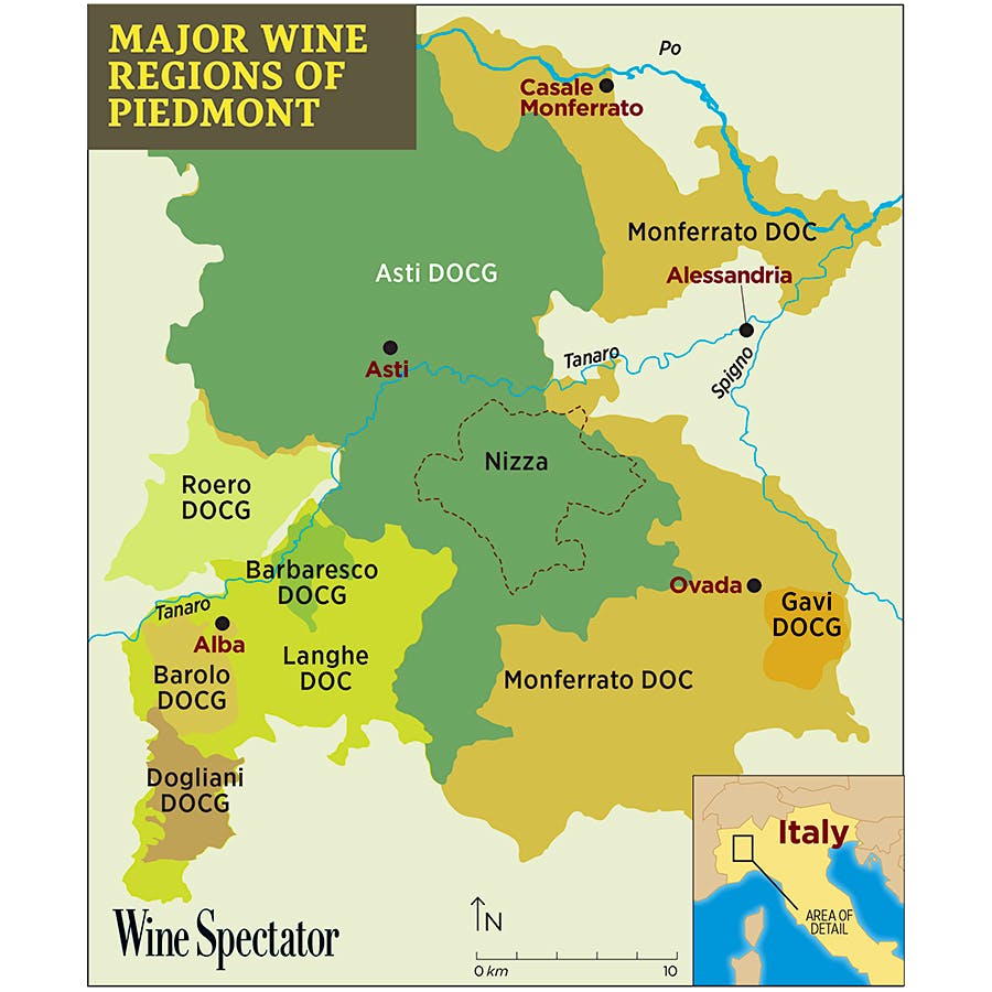 A map of Piedmont's winemaking regions