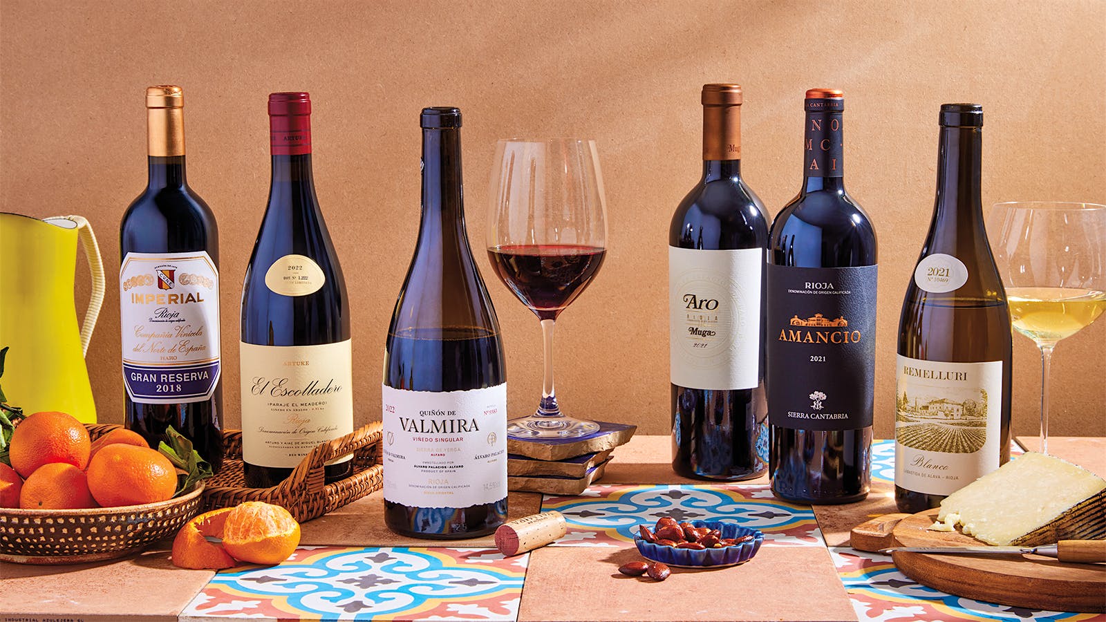 From left to right: bottles from CVNE, Bodegas y Viñedos Artuke, Álvaro Palacios, Bodegas Muga, Bodegas Sierra Cantabria, and La Granja Nuestra Señora de Remelluri displayed side by side