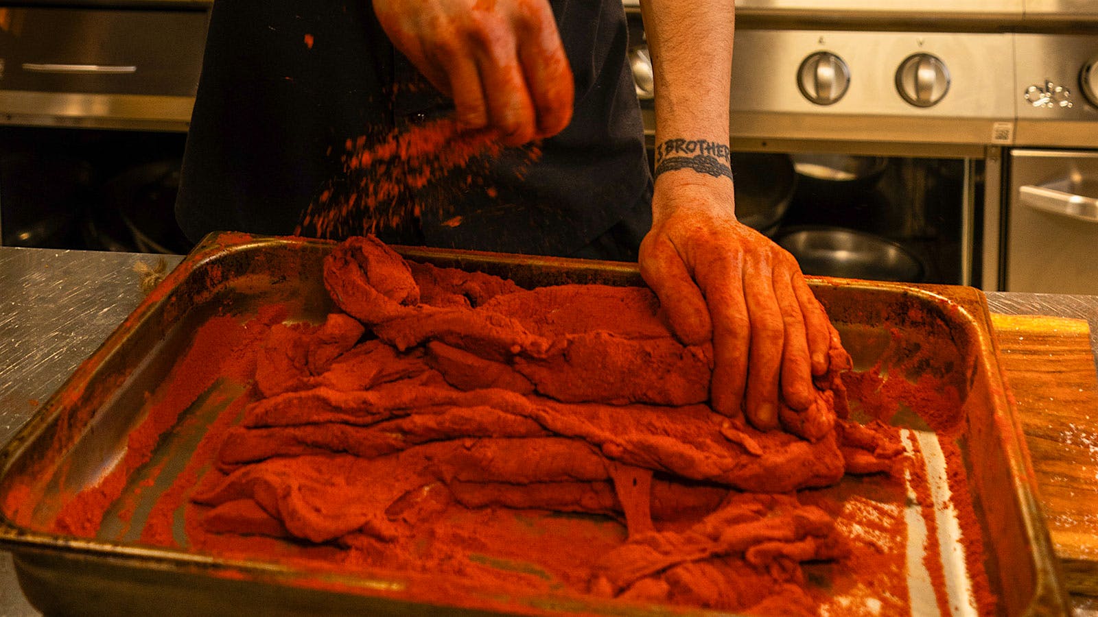 A chef prepares pampanella Molisana at Ristorante la Stalla in San Martino in Pensilis, Campobasso, Molise.