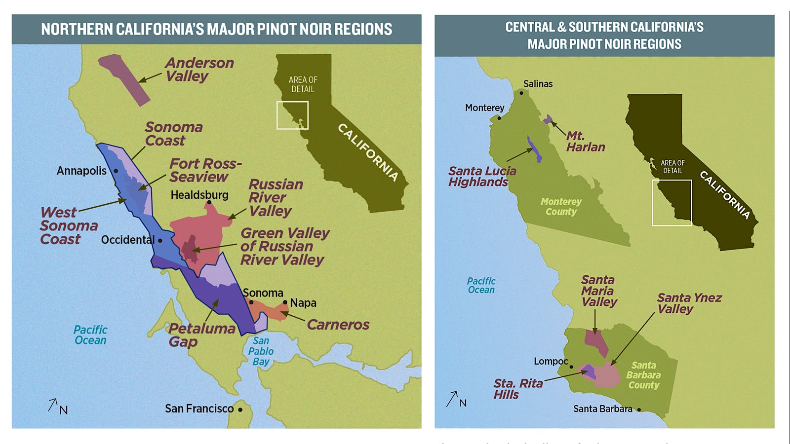 Two maps of Northern and Southern California Pinot Noir regions