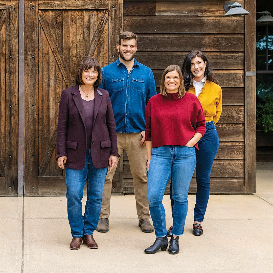 The Jackson family at their La Crema winery in Sonoma’s Russian River Valley (from left): Hailey Hartford Murray, MacLean Hartford, Don Hartford, Jennifer Jackson Hartford, Barbara Banke, Chris Jackson, Katie Jackson and Julia Jackson.