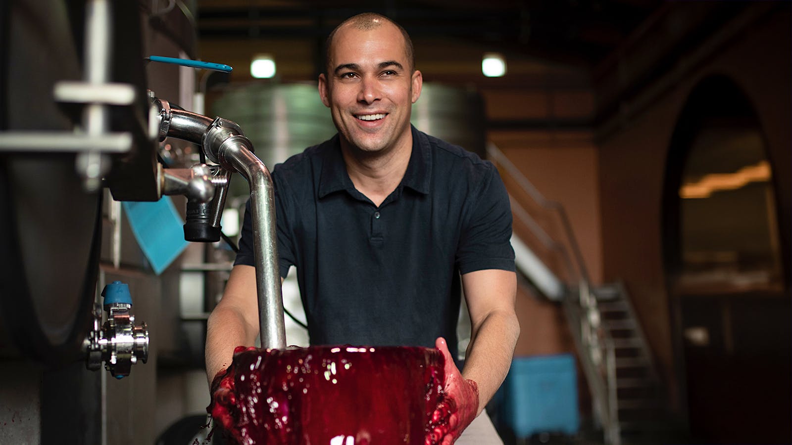 Josh Phelps in the winery at Grounded Wine Co. in St. Helena, California