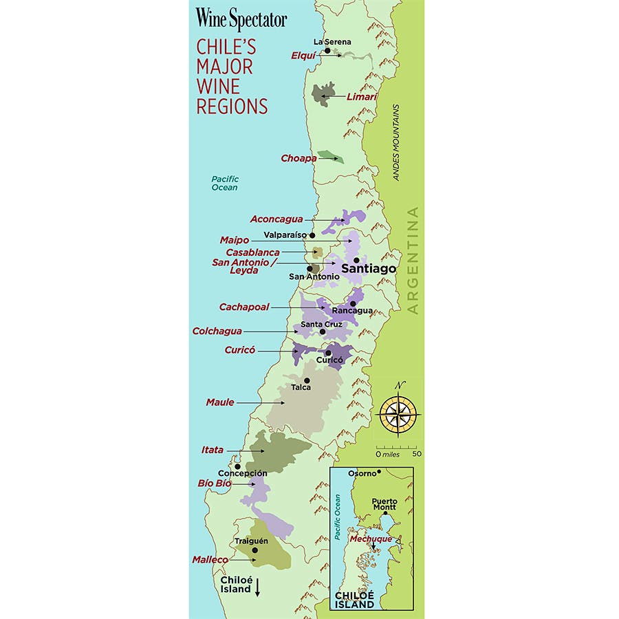A map of Chile&rsquo;s winemaking and grapegrowing regions.] 